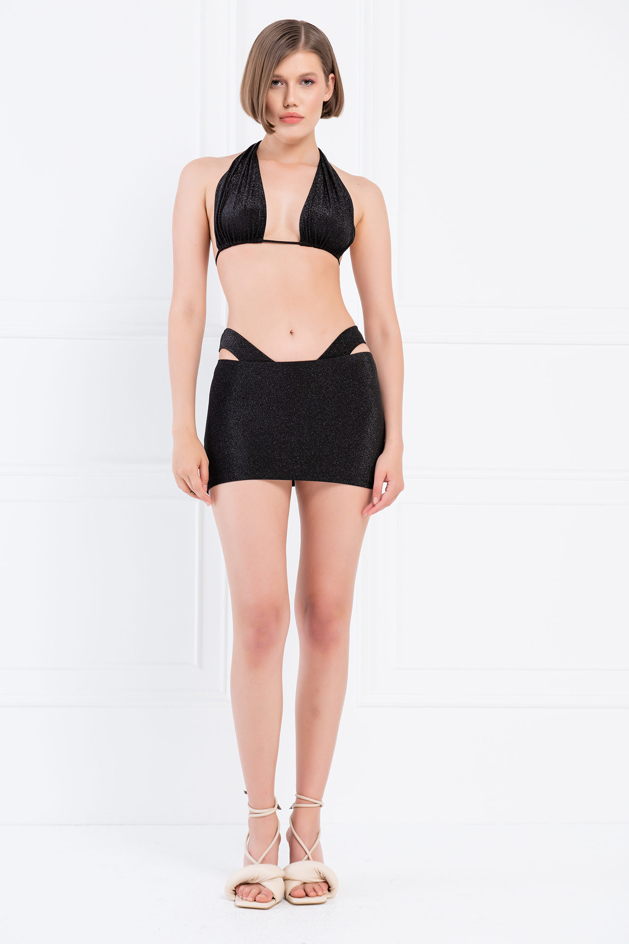 Wholesale Glittery Black Halter Bandeau & Skirt Set