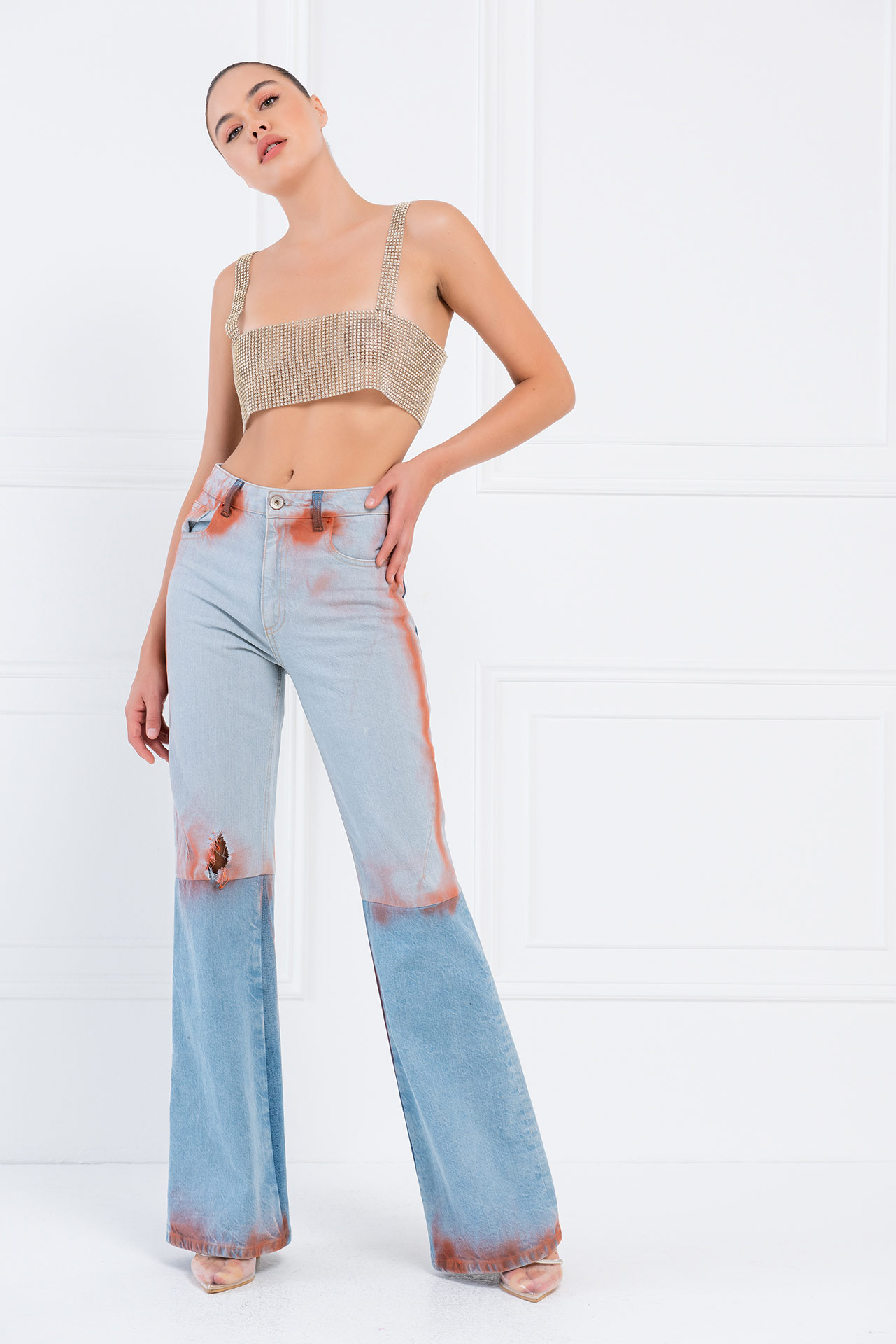 Slit-Design Ice Blue Jeans