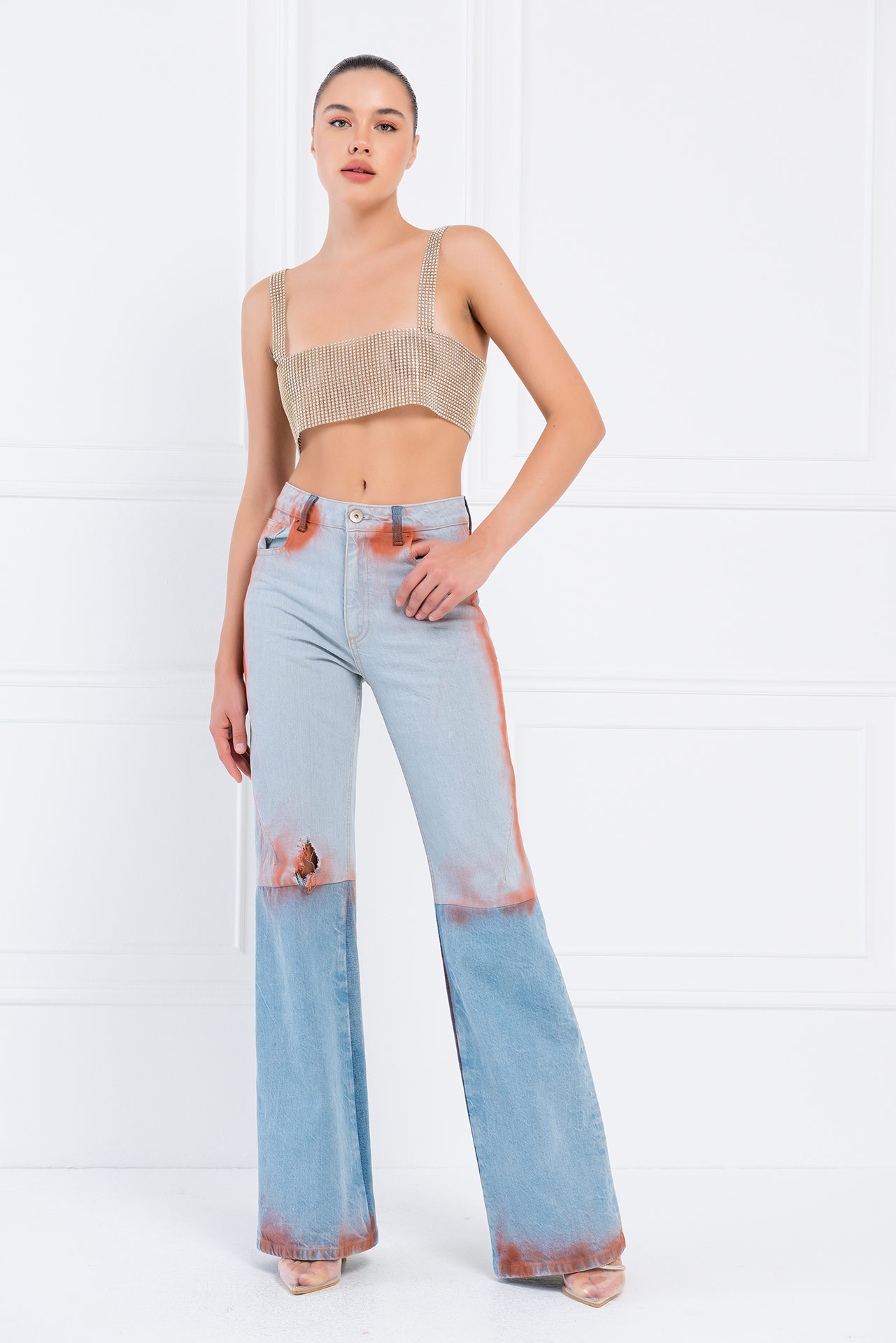 Slit-Design Ice Blue Jeans