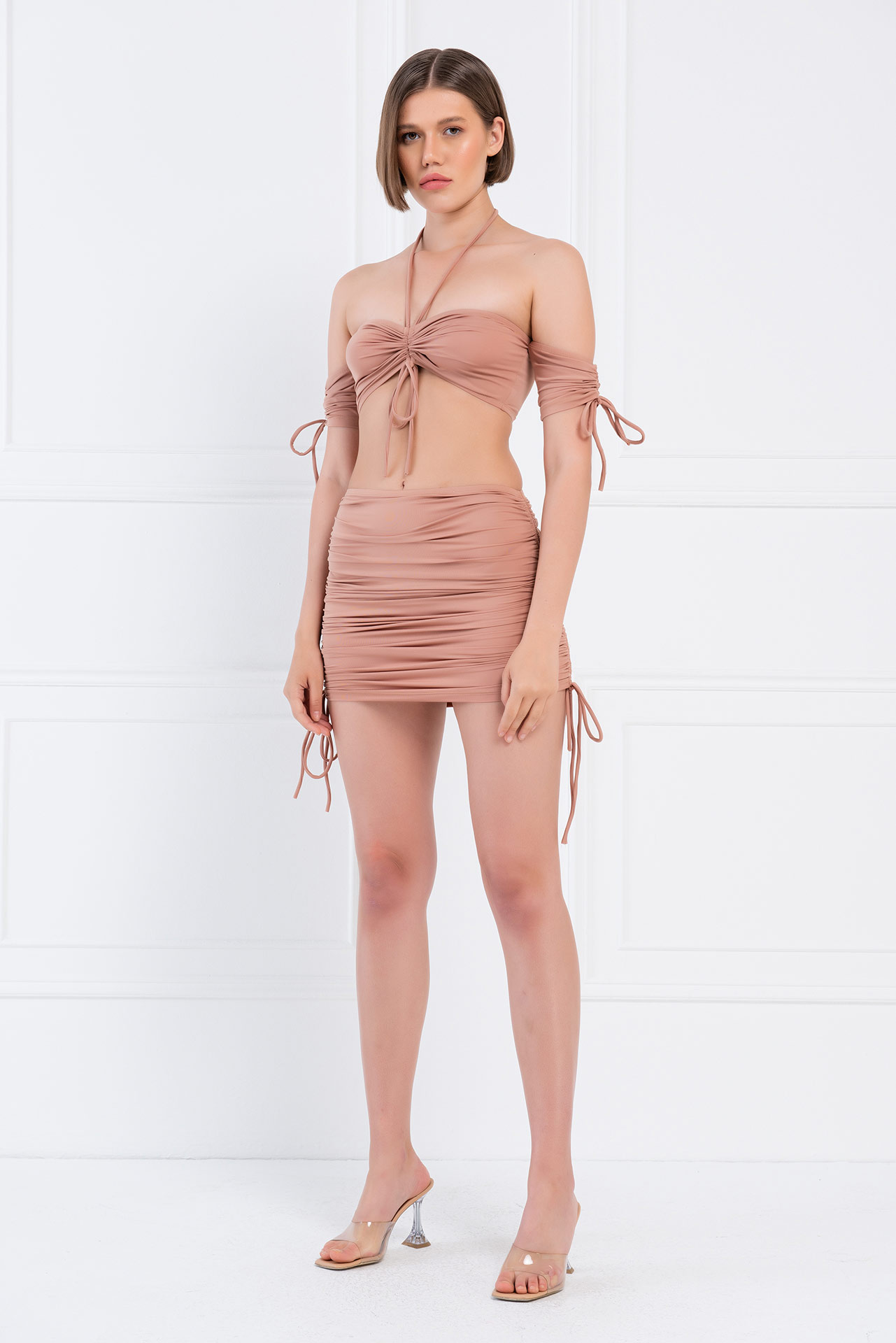 Caramel Self-Tie Halter Bandeau & Mini Skirt Set