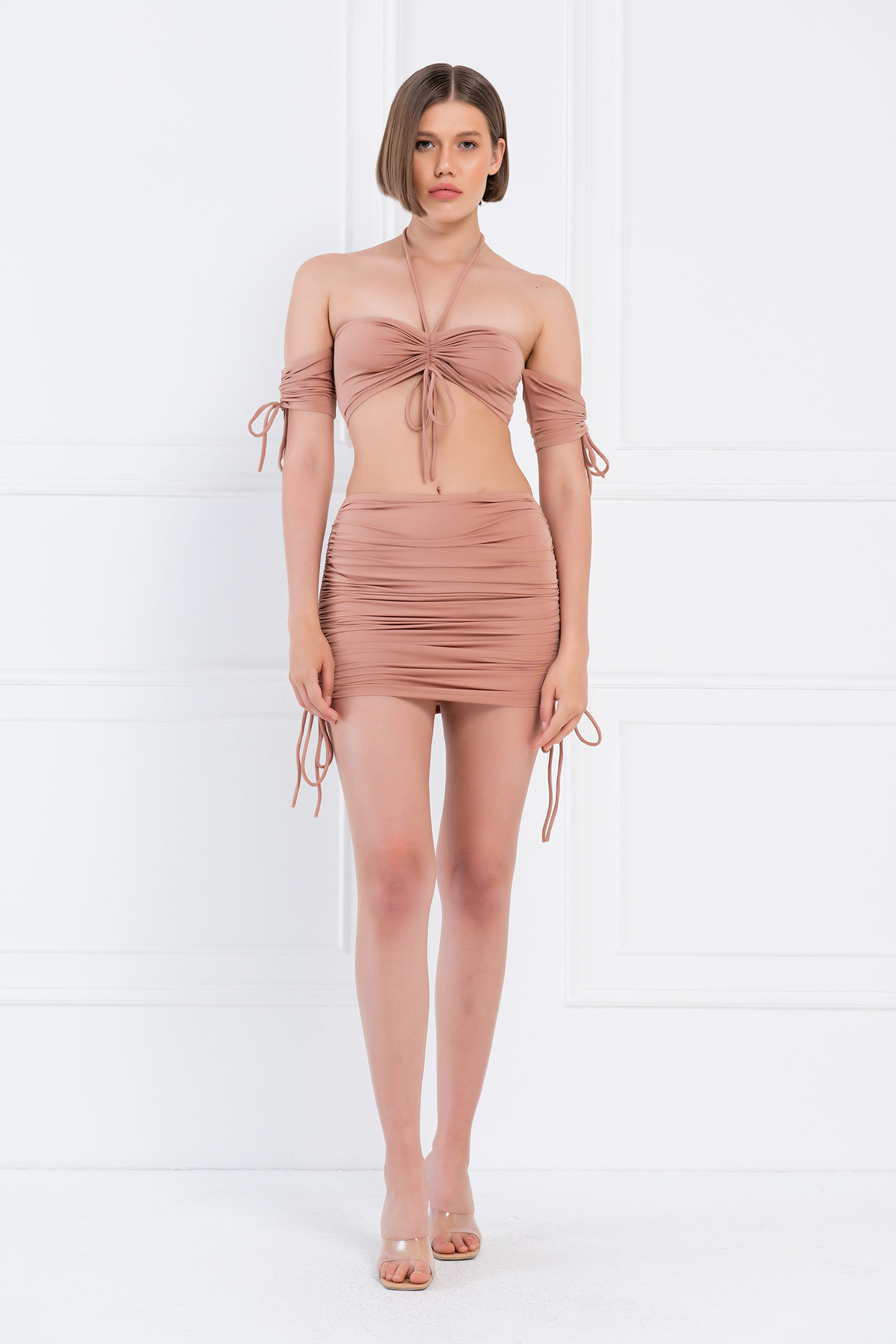 Wholesale Caramel Self-Tie Halter Bandeau & Mini Skirt Set
