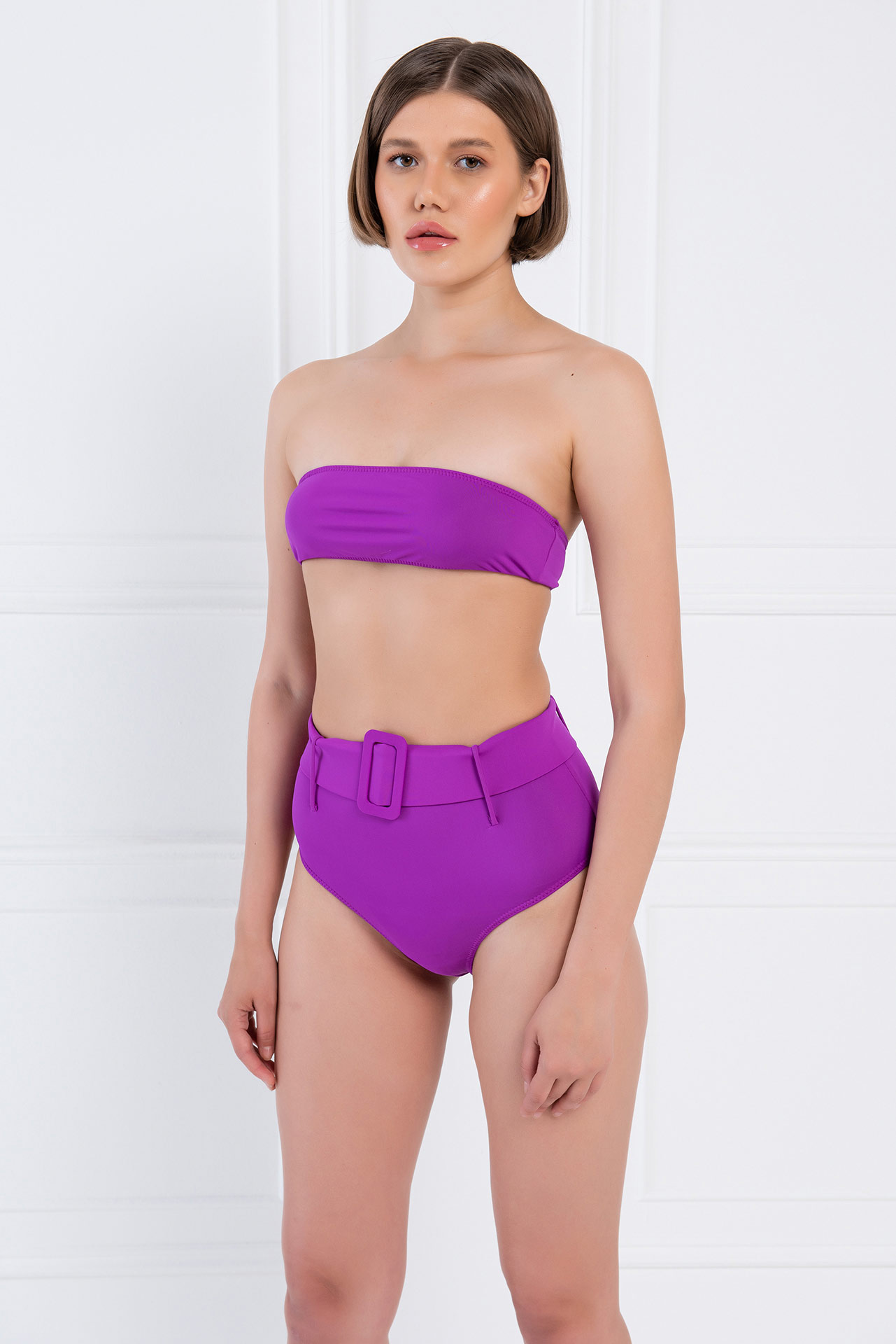 Mor Kemer Detaylı Straplez Bikini Takımı
