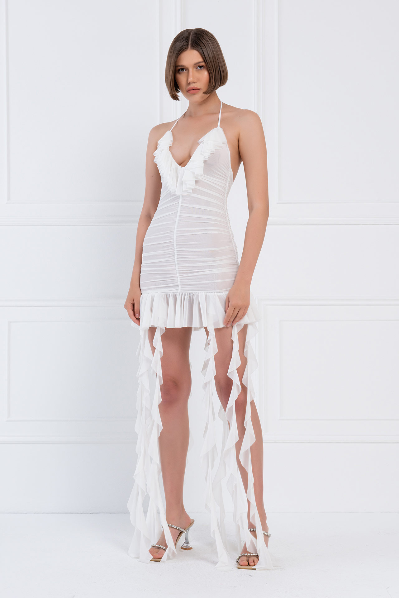 Wholesale Offwhite Ruffle-Trim Halter Mini Dress