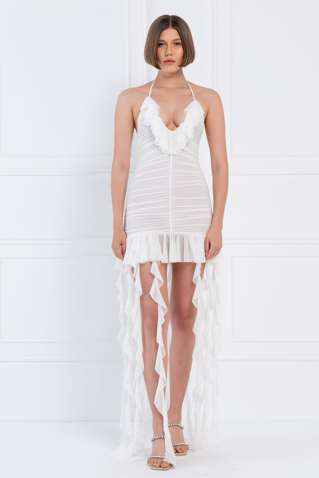 Wholesale Offwhite Ruffle-Trim Halter Mini Dress