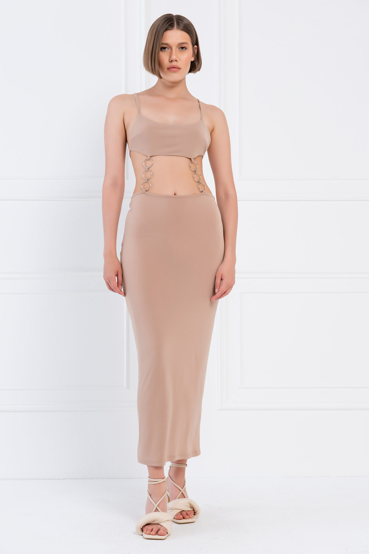 Sand Backless Cut Out Maxi Dress