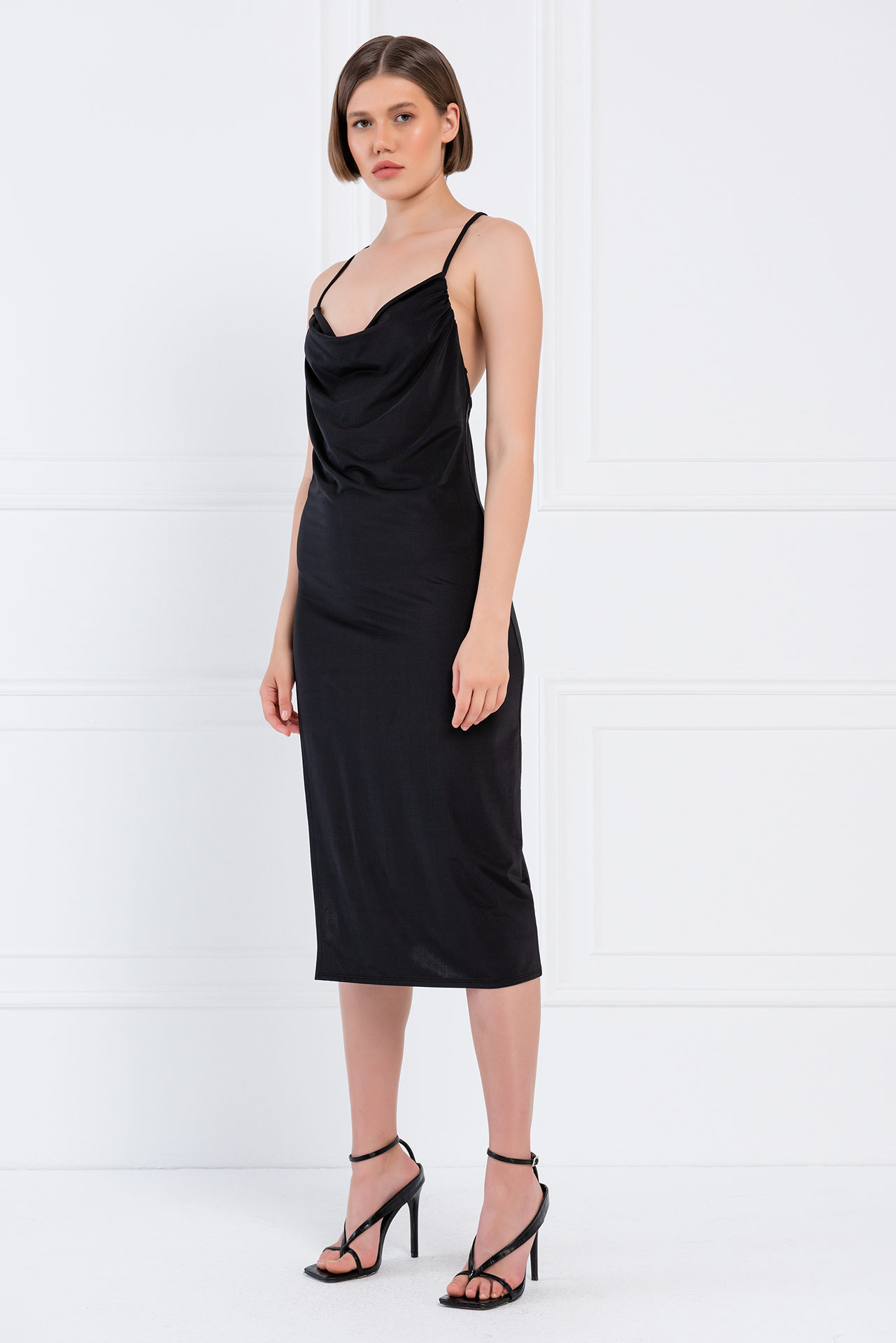 Wholesale Black Cowl Neck Split-Leg Dress