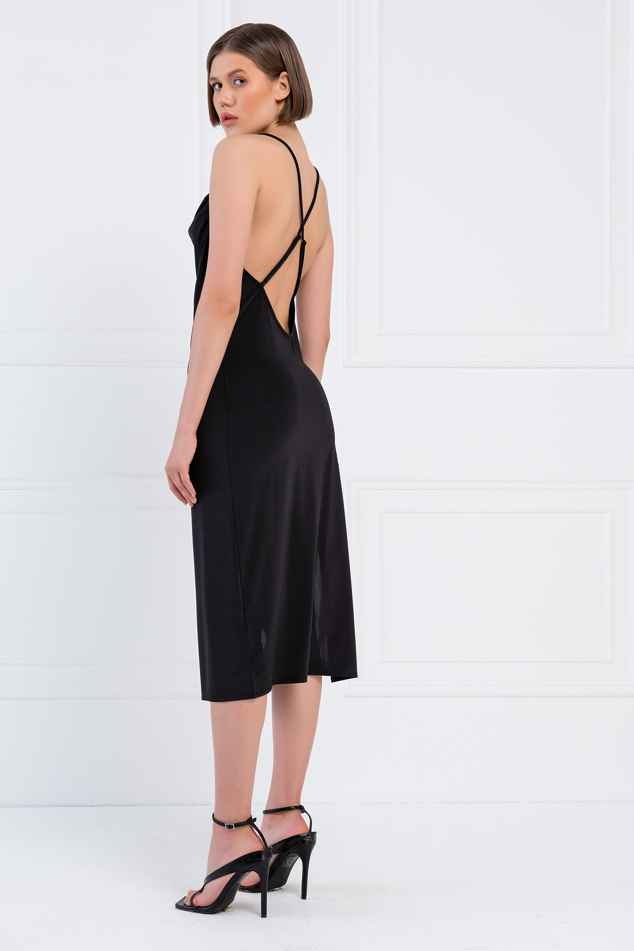 Black Cowl Neck Split-Leg Dress