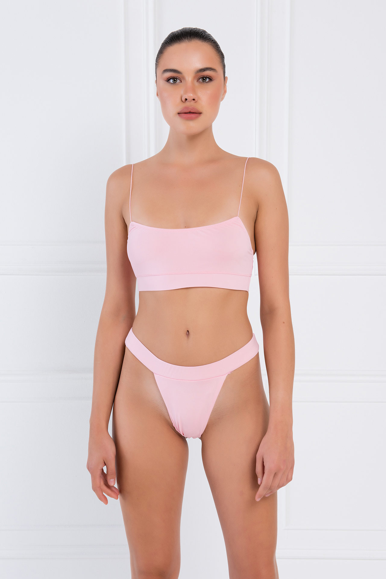 Pink Spaghetti-Strap Top & High-Waist Bottoms Bikini Set
