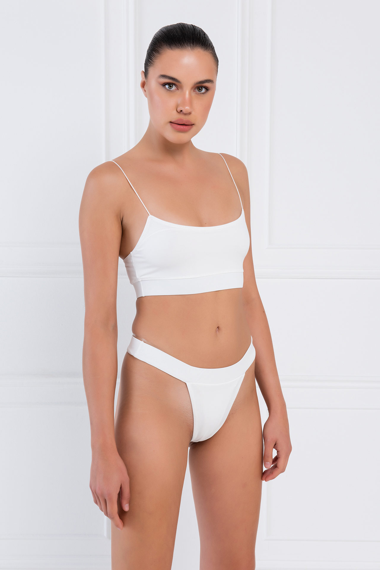 Offwhite Spaghetti-Strap Top & High-Waist Bottoms Bikini Set