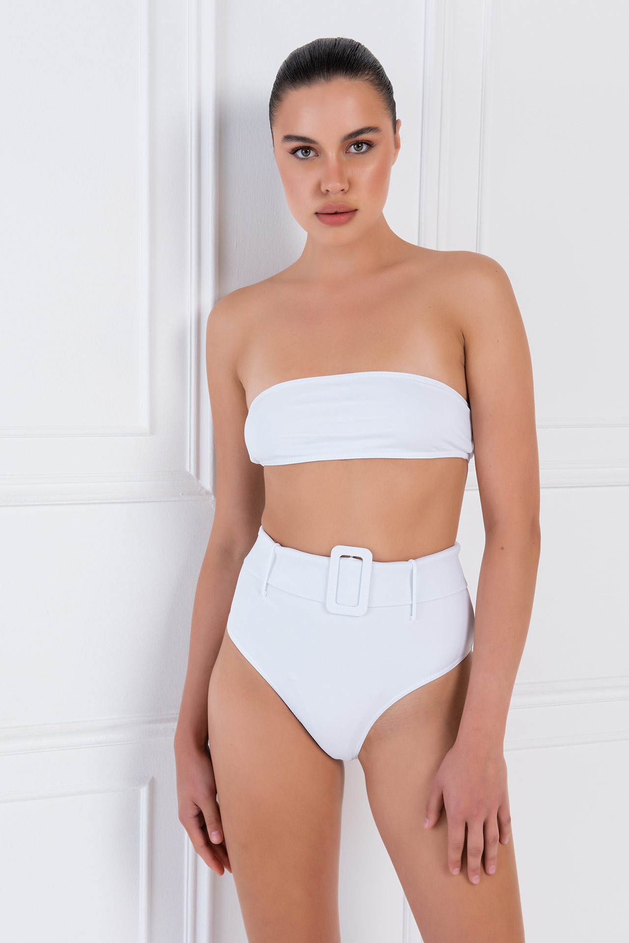 Wholesale White Tube Top & Belted Bottoms Bikini Set