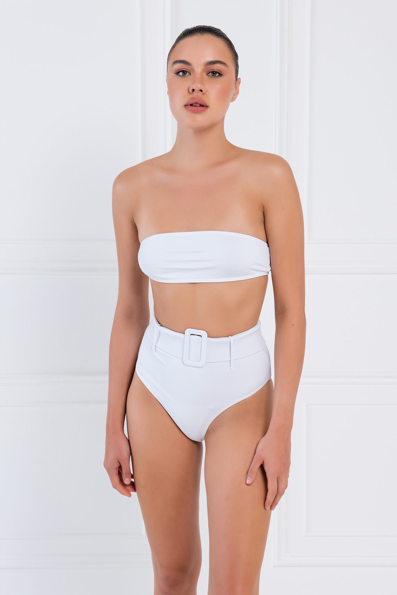 Toptan Beyaz Kemer Detaylı Straplez Bikini Takımı