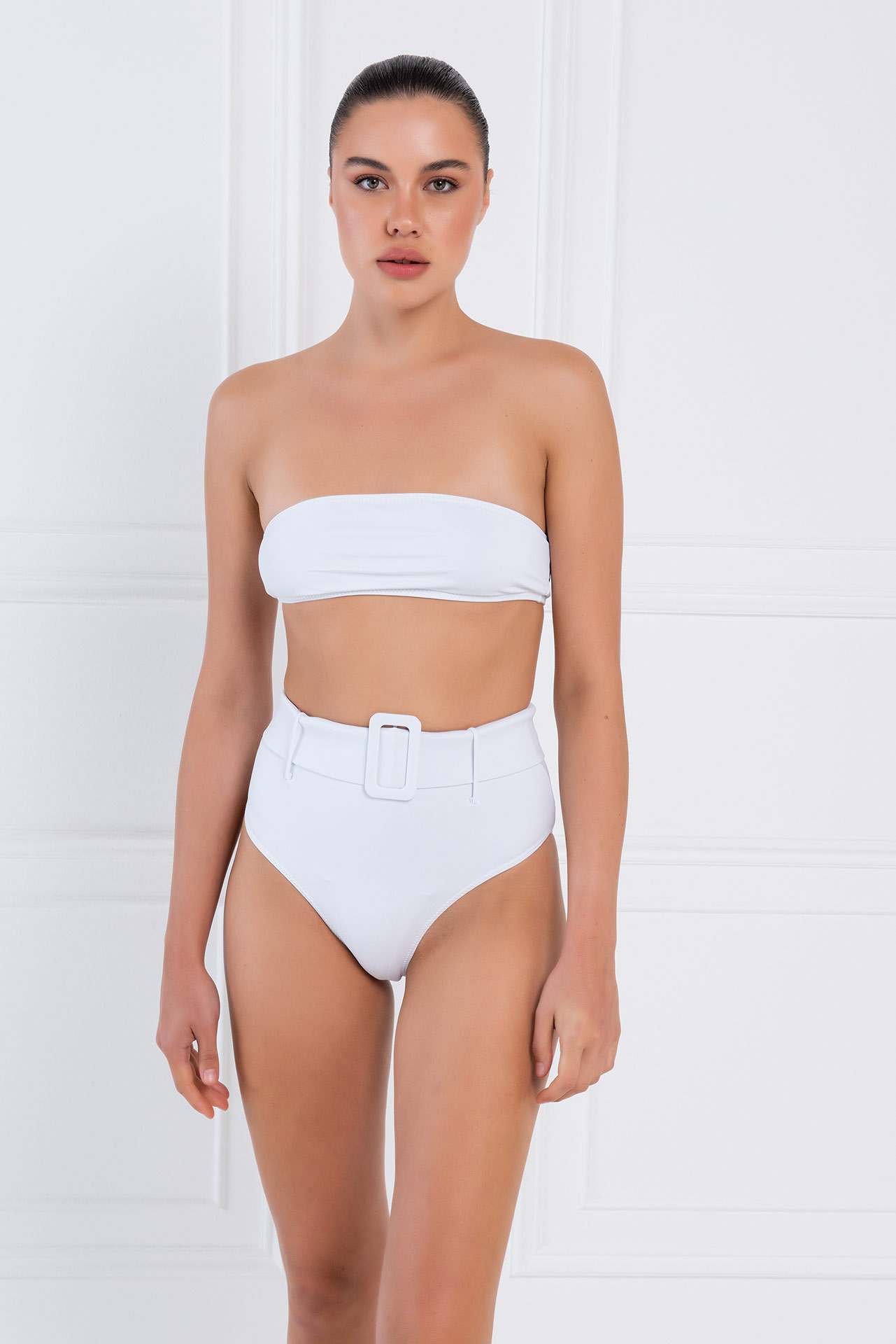 Toptan Beyaz Kemer Detaylı Straplez Bikini Takımı