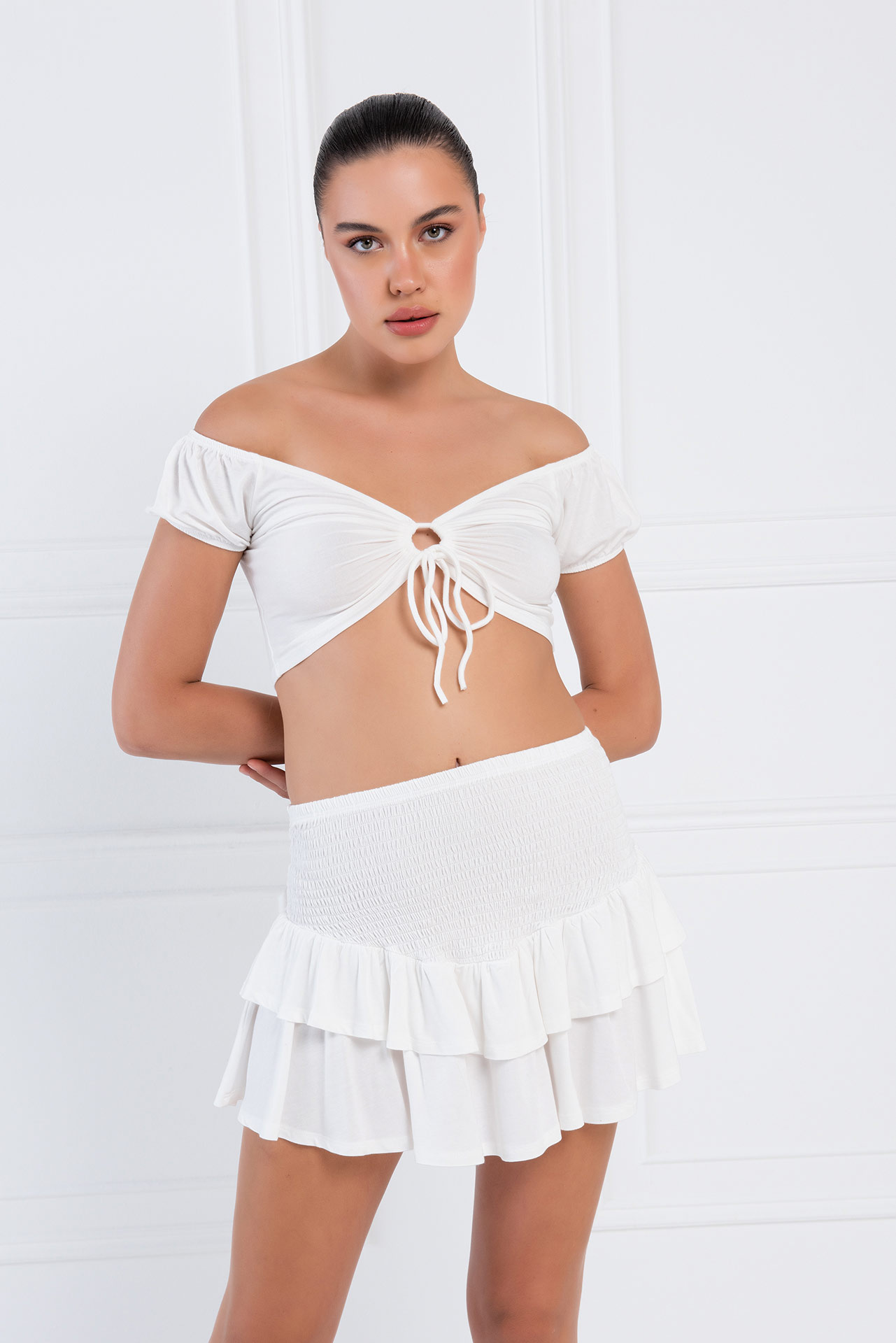 Wholesale Offwhite Off-the-Shoulder Crop Top & Mini Skirt Set