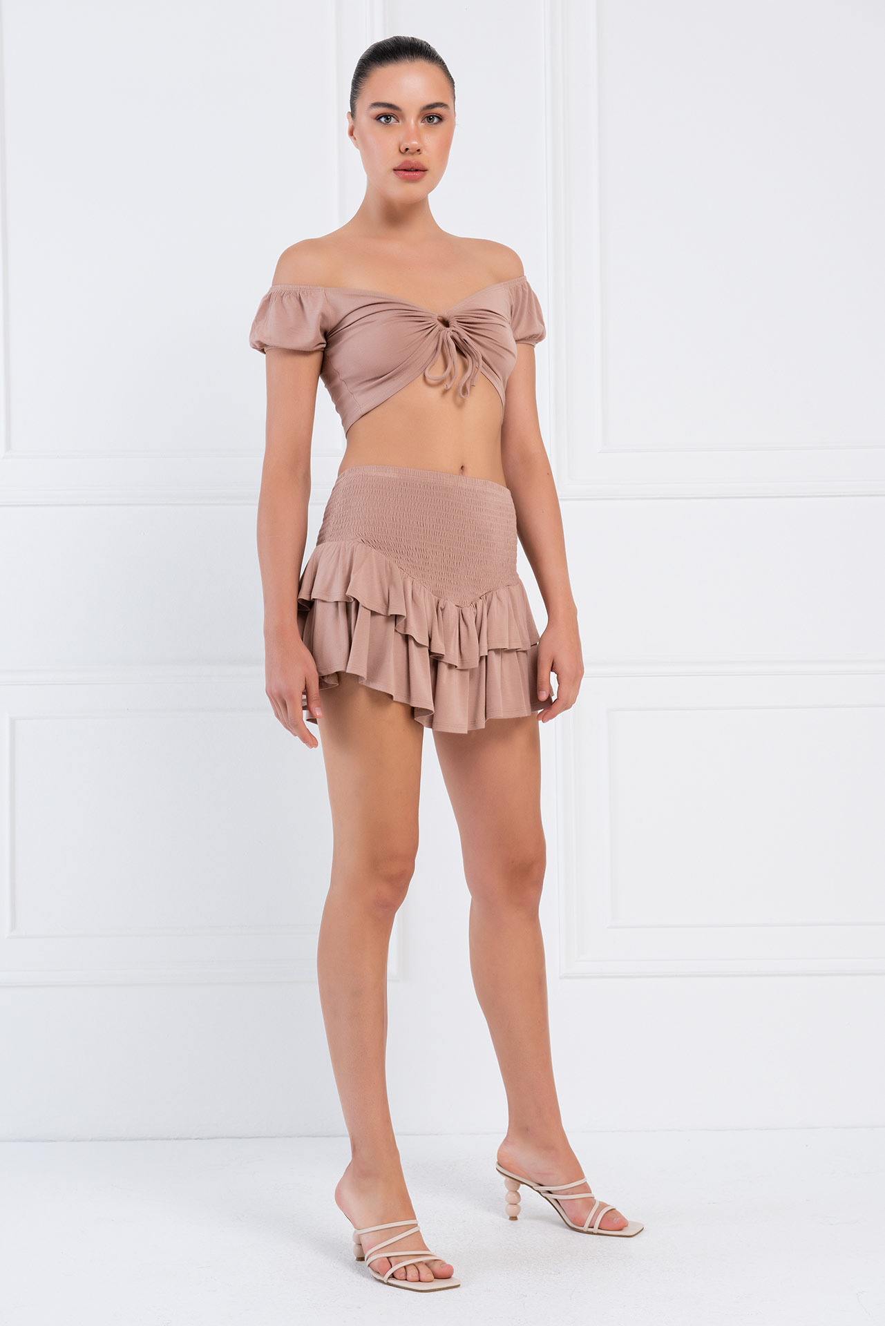 Wholesale Caramel Off-the-Shoulder Crop Top & Mini Skirt Set