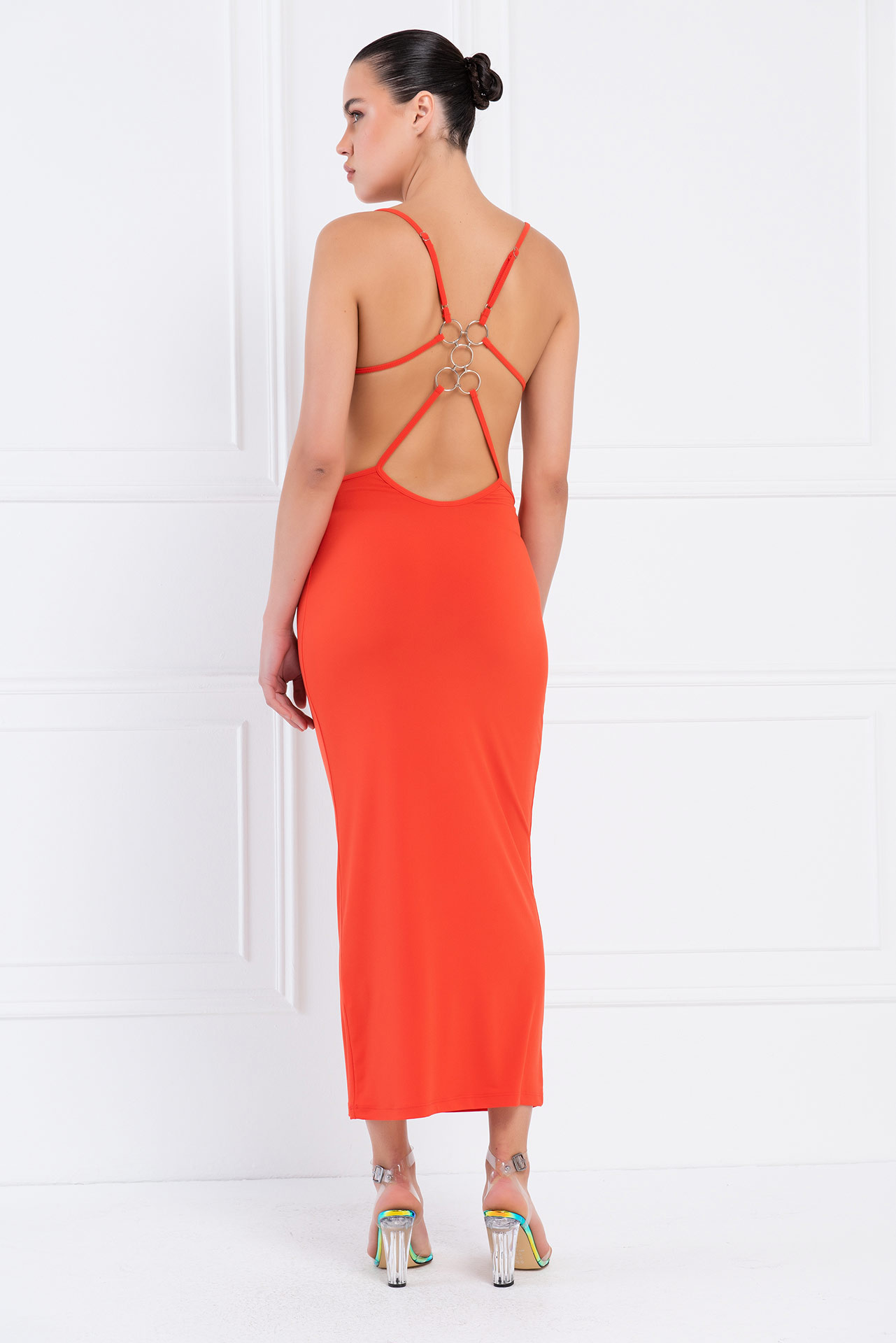 Coral Backless Cut Out Maxi Dress