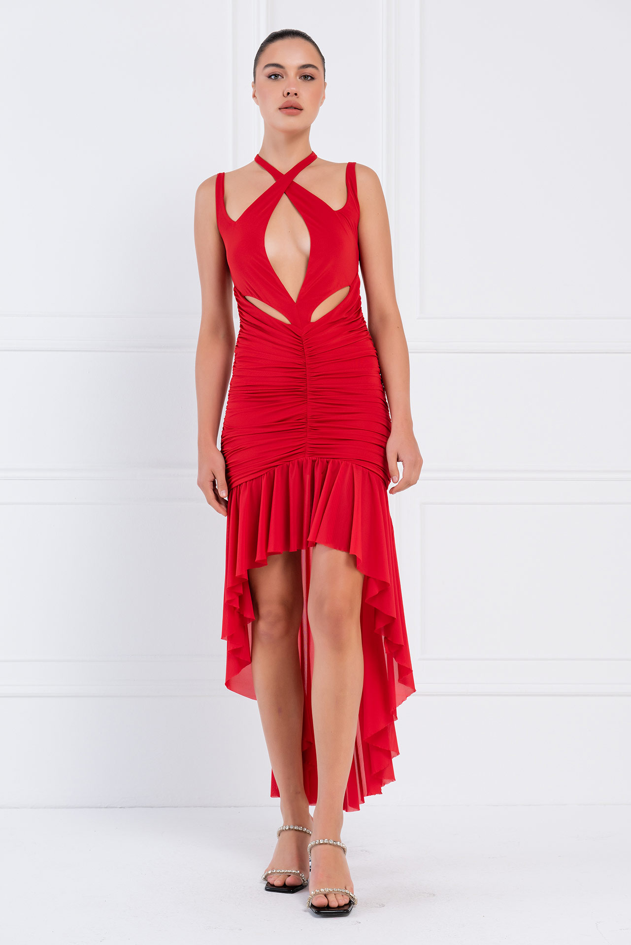 оптовая красный Cut Out Front Ruffled Dress