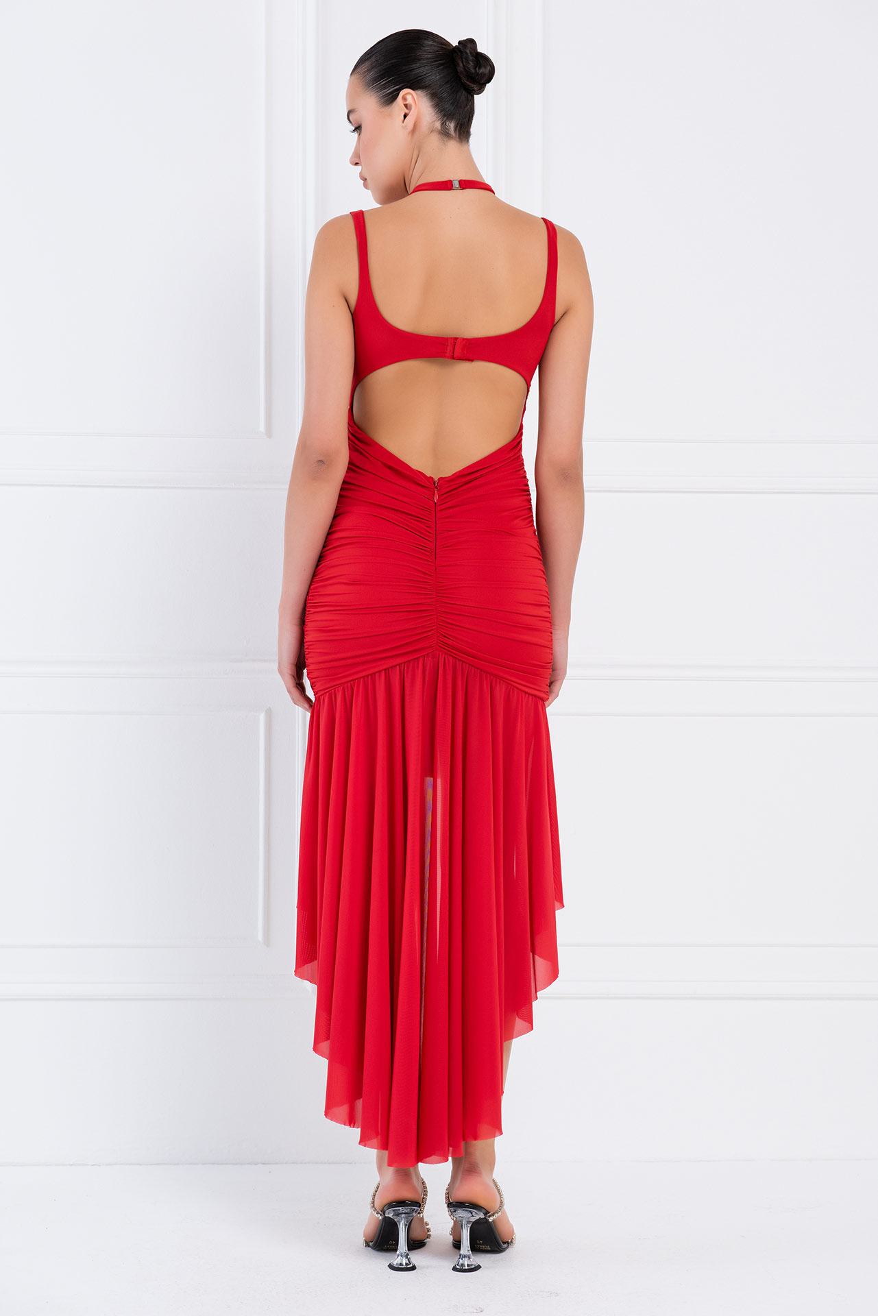 Wholesale Red Cut Out Front Ruffled Dress
