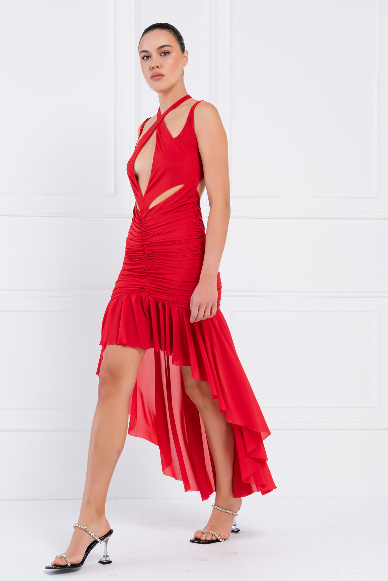 оптовая красный Cut Out Front Ruffled Dress