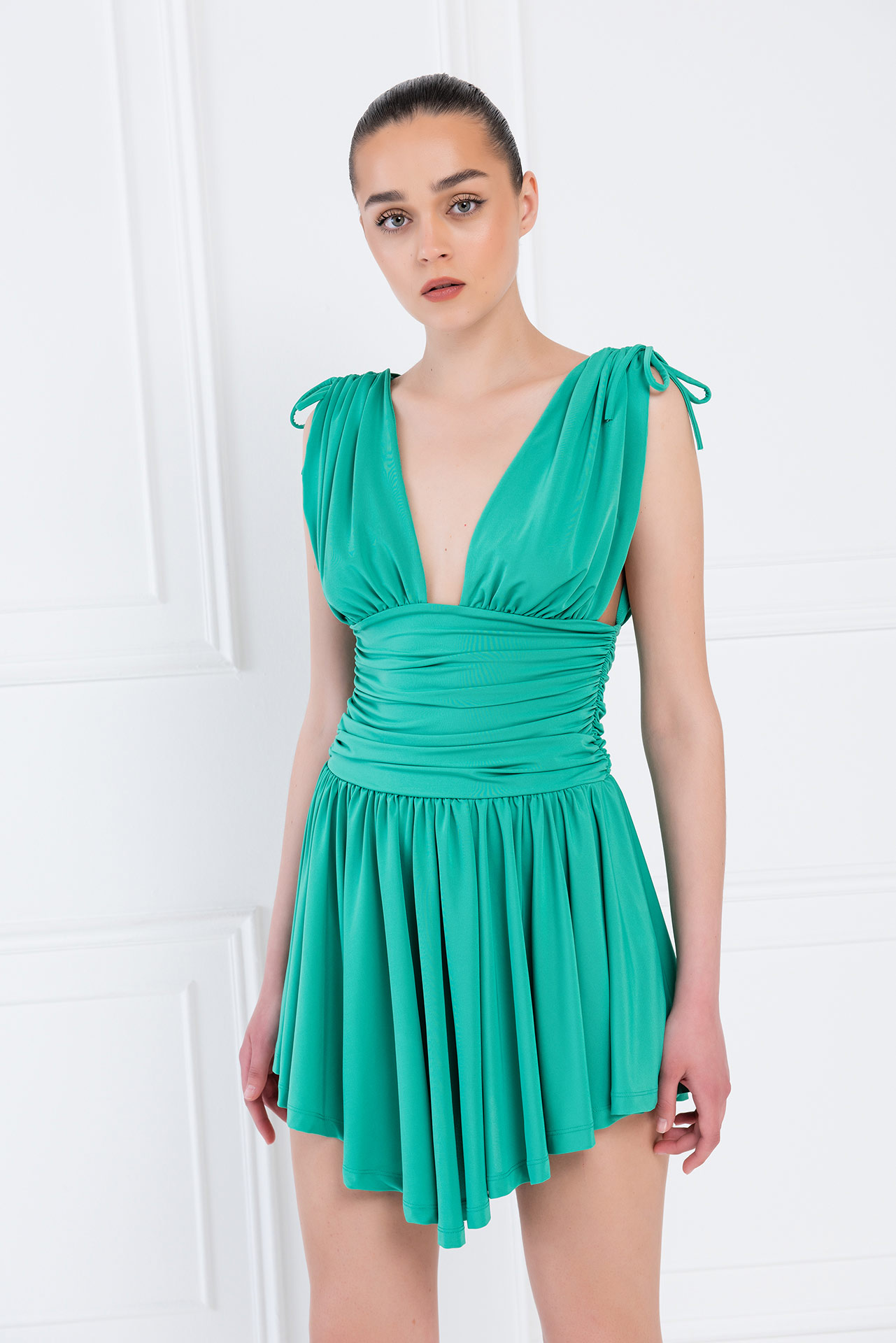 Wholesale New Green Plunging Ruched Mini Dress
