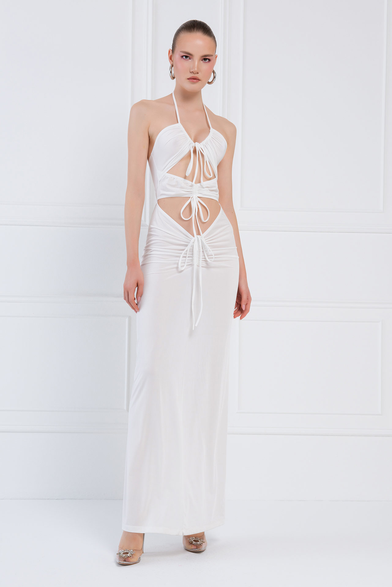 Wholesale Offwhite Self-Tie Ruched Maxi Dress