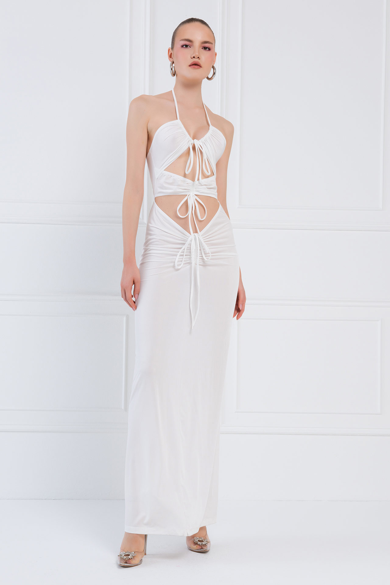 Off white Bağlamalı Büzgülü Maxi Elbise