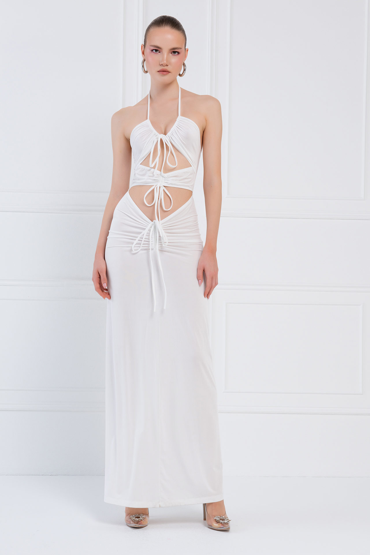 Toptan Off white Bağlamalı Büzgülü Maxi Elbise