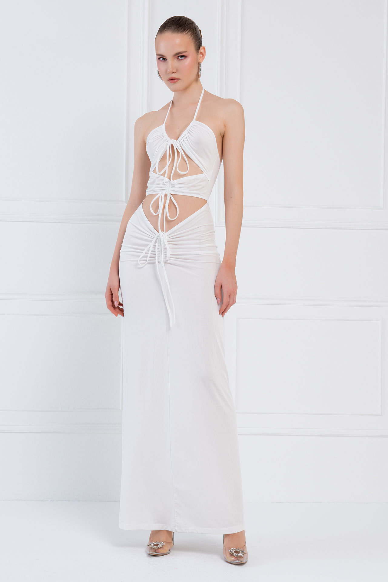 Toptan Off white Bağlamalı Büzgülü Maxi Elbise