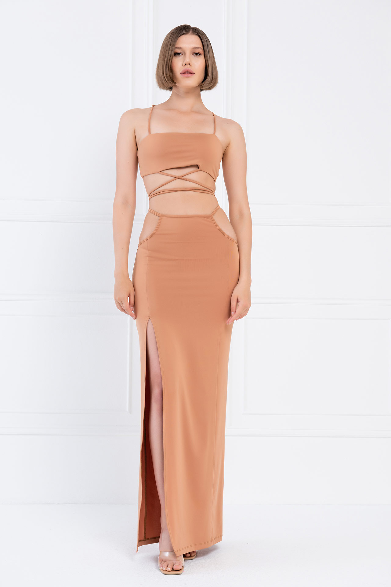 Wholesale Mocha Strap-Design Crop Cami & Skirt Set
