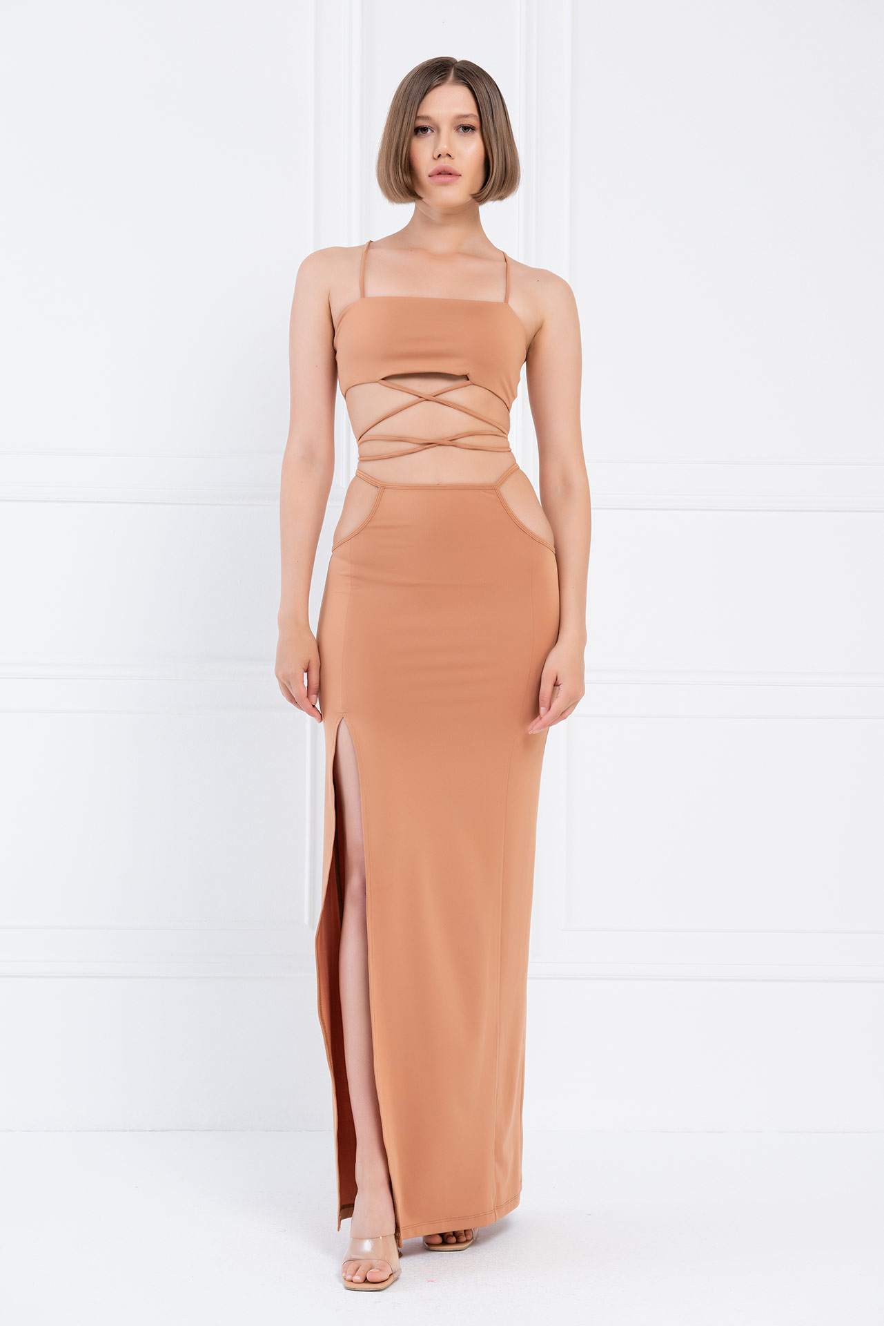 Wholesale Mocha Strap-Design Crop Cami & Skirt Set