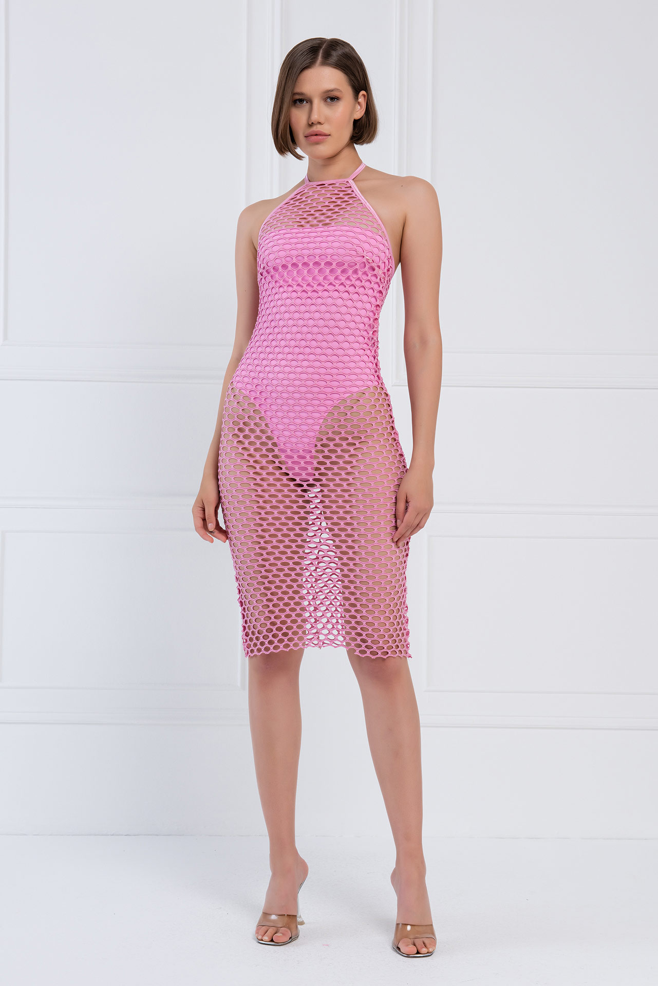 Wholesale Halter Neck Pink Fishnet Dress