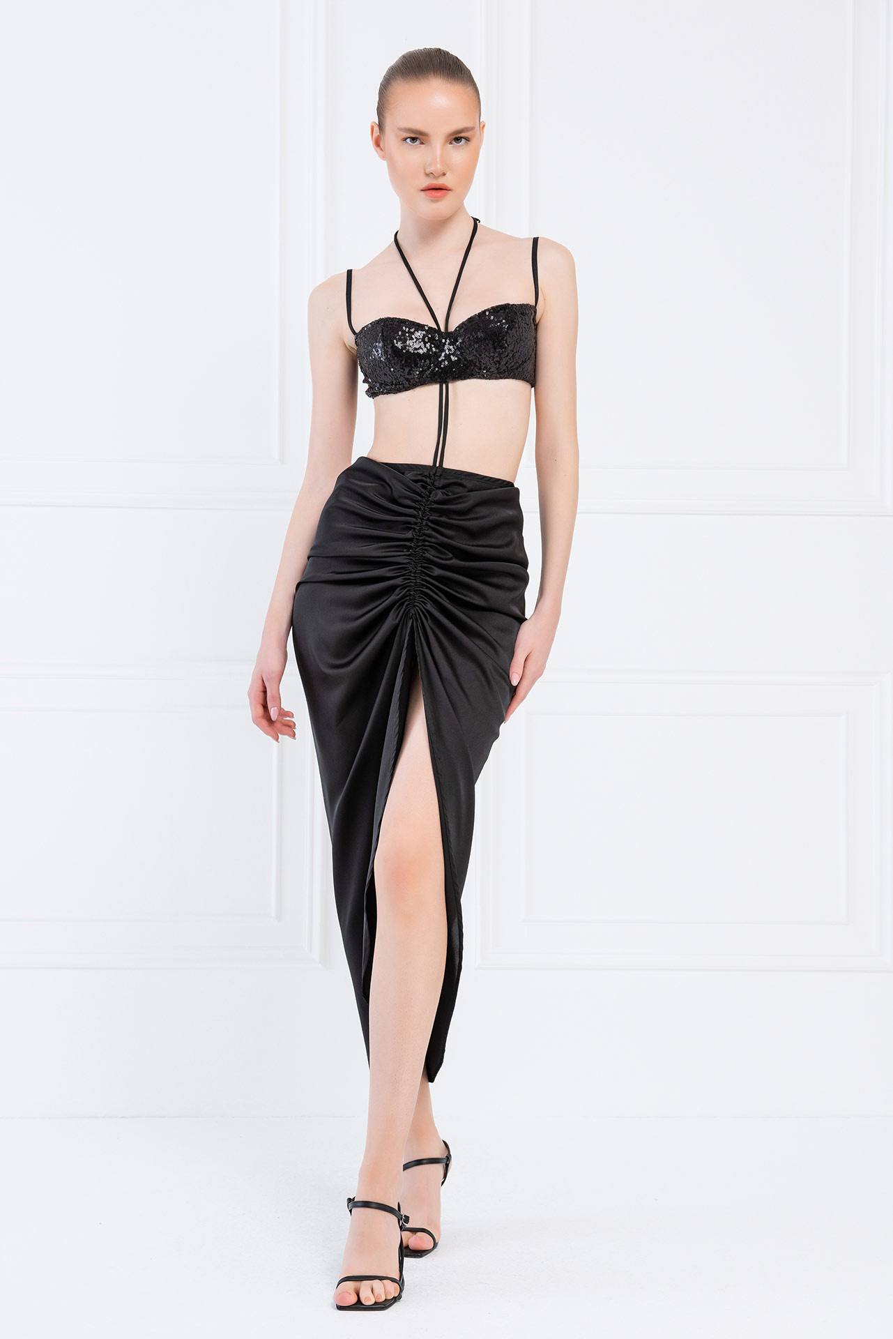 Ruched-Front Black Satin Skirt