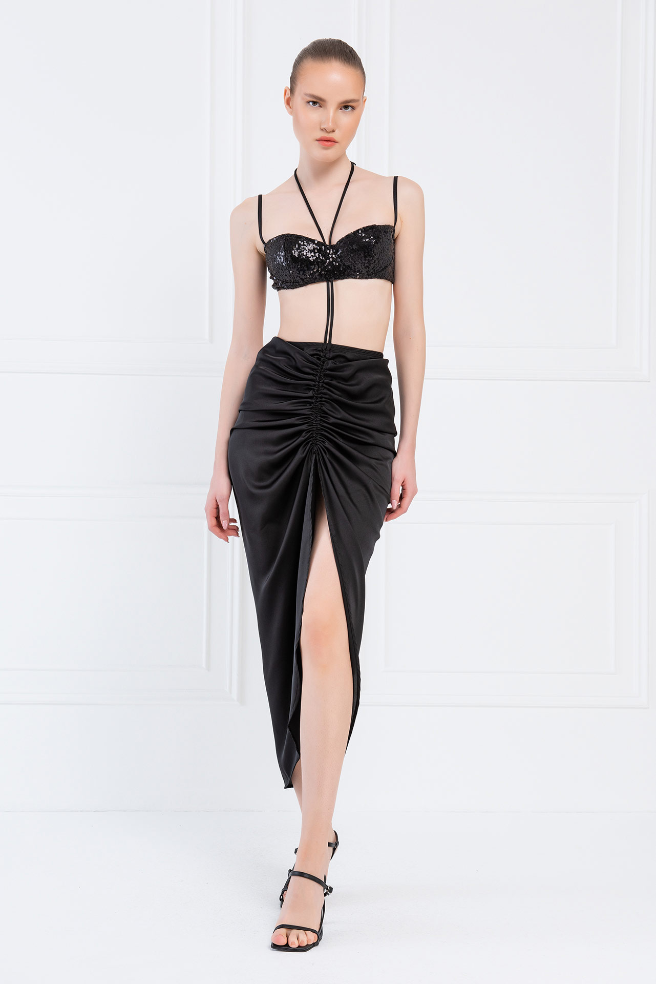 Ruched-Front Black Satin Skirt