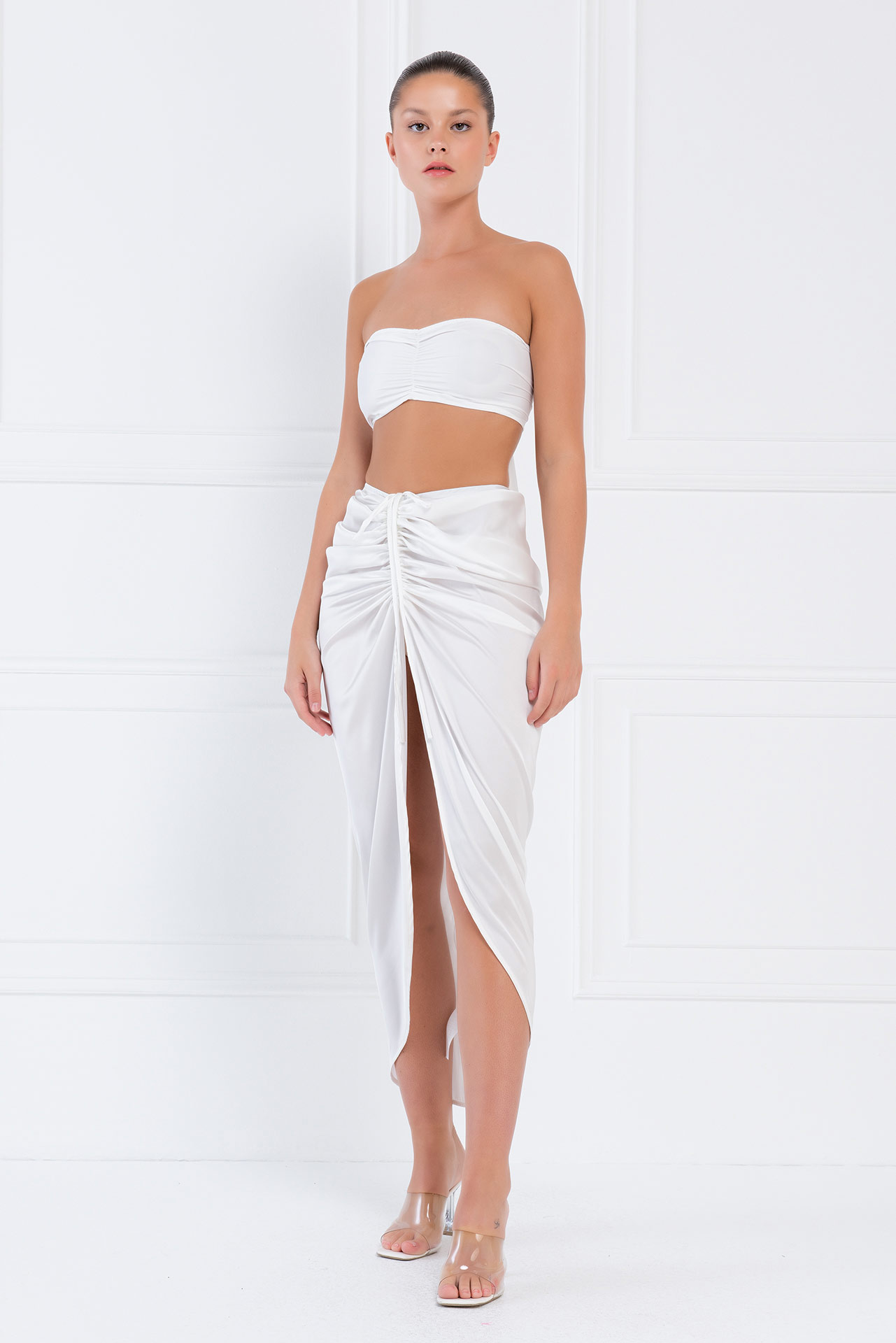 Wholesale Ruched-Front Offwhite Satin Skirt