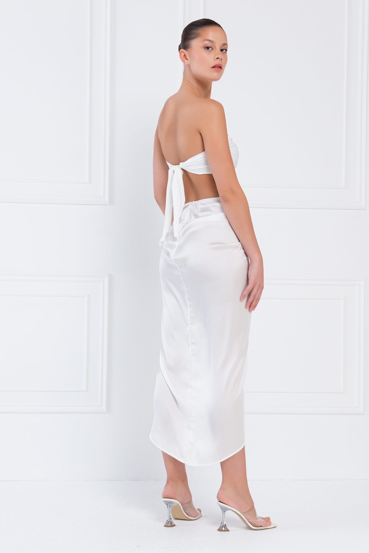 Ruched-Front Offwhite Satin Skirt