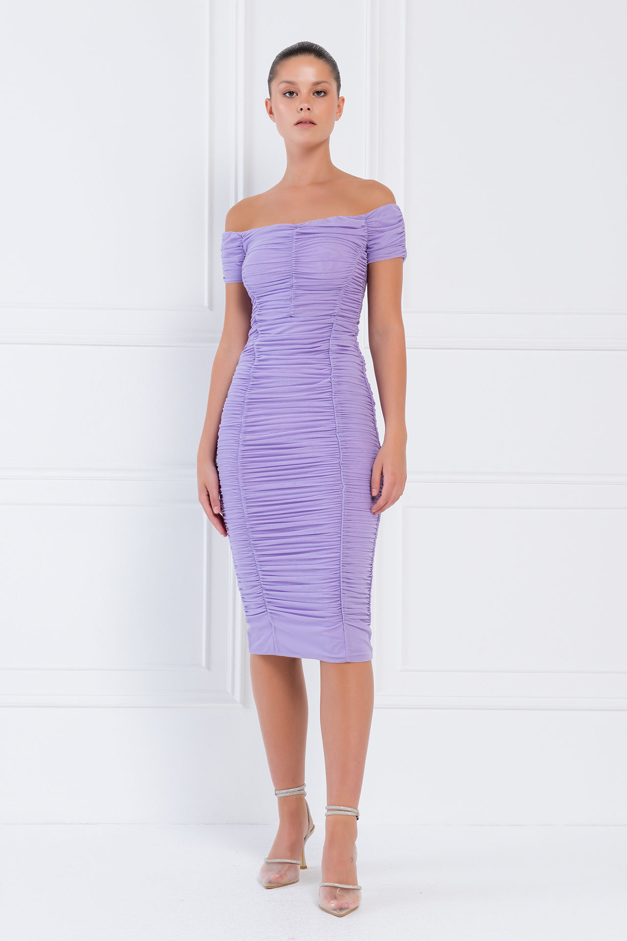 Wholesale New Lilac Shirred Tube Midi Dress
