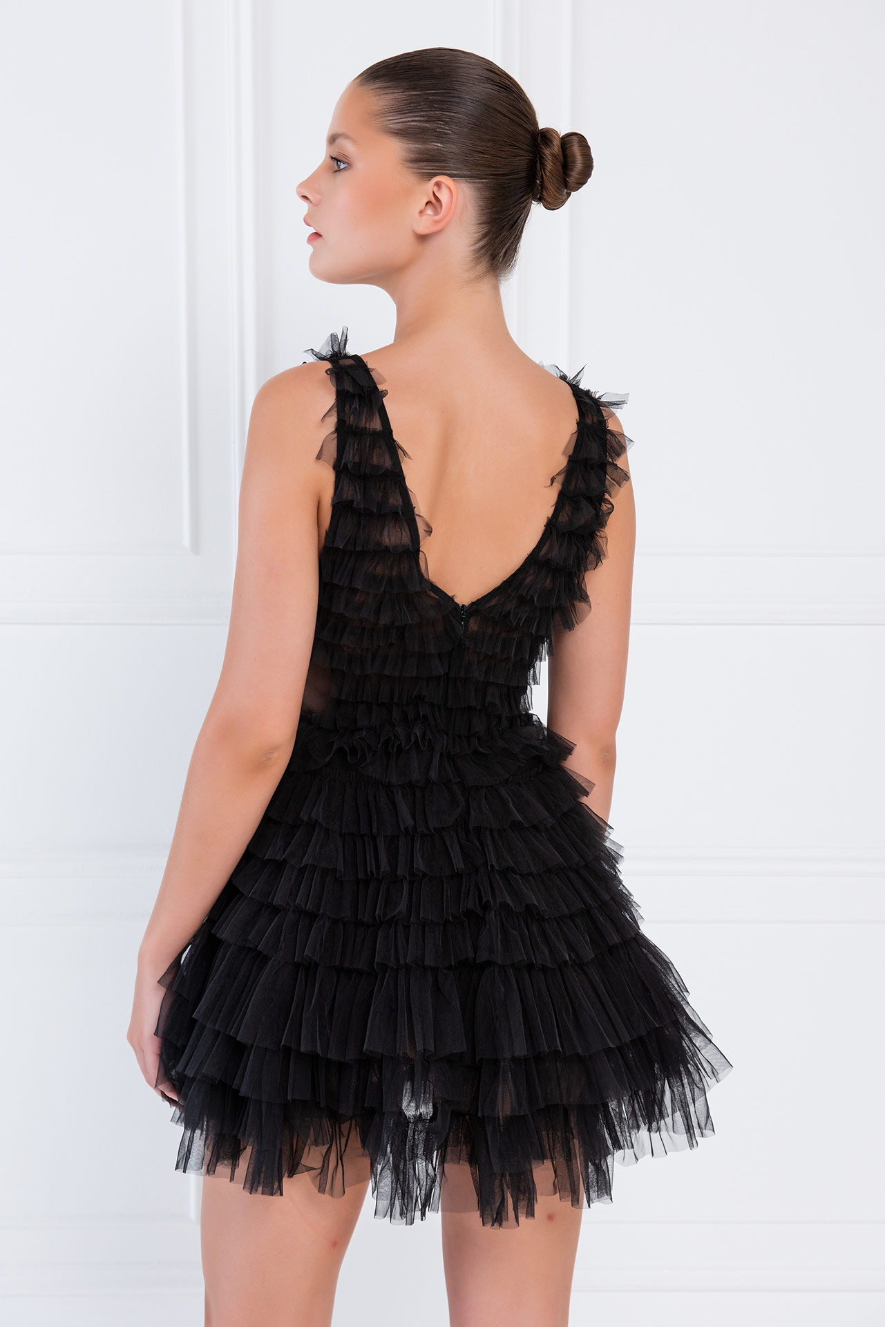 Black Tiered Ruffle Plunging Tulle Mini Dress