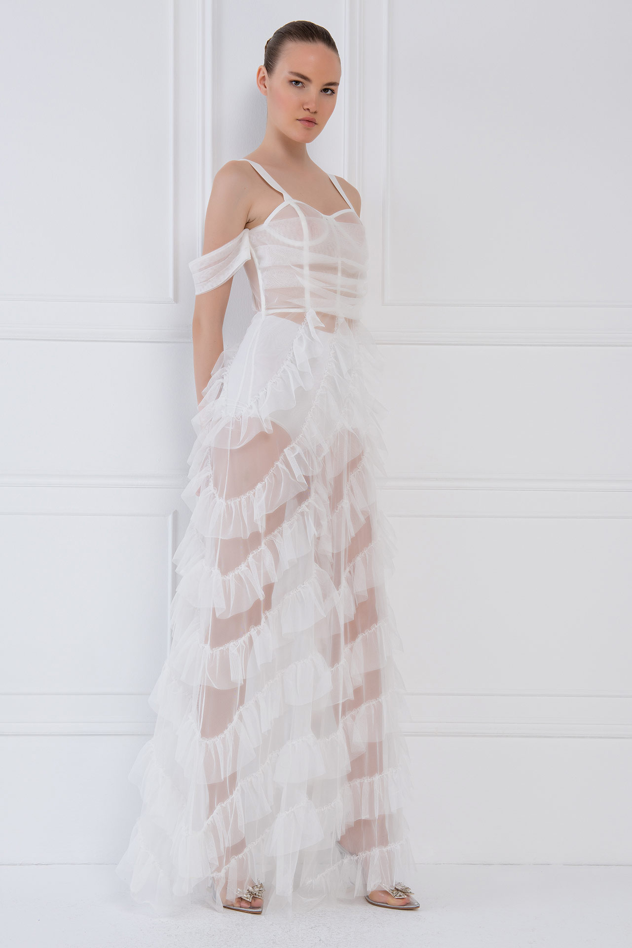 Toptan Bella Style Off white Elbise