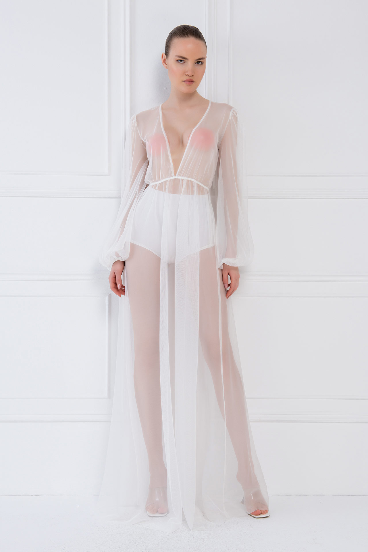 Wholesale Sheer Deep Plunge Maxi Offwhite Dress