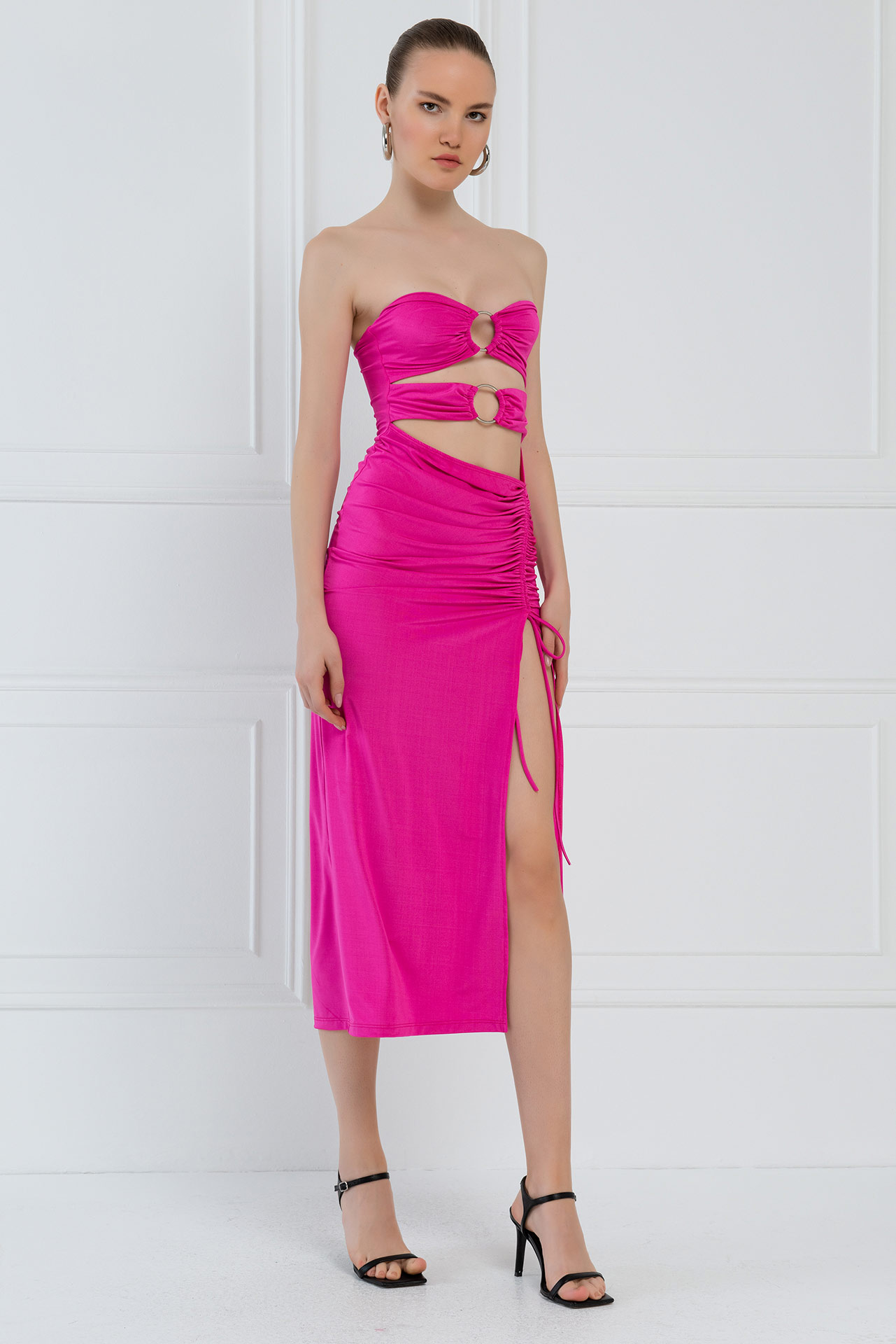 New Fuschia O-Ring Ruched Tube Dress