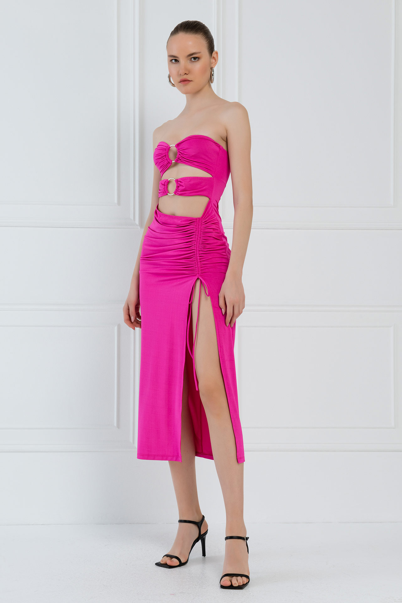 New Fuschia O-Ring Ruched Tube Dress