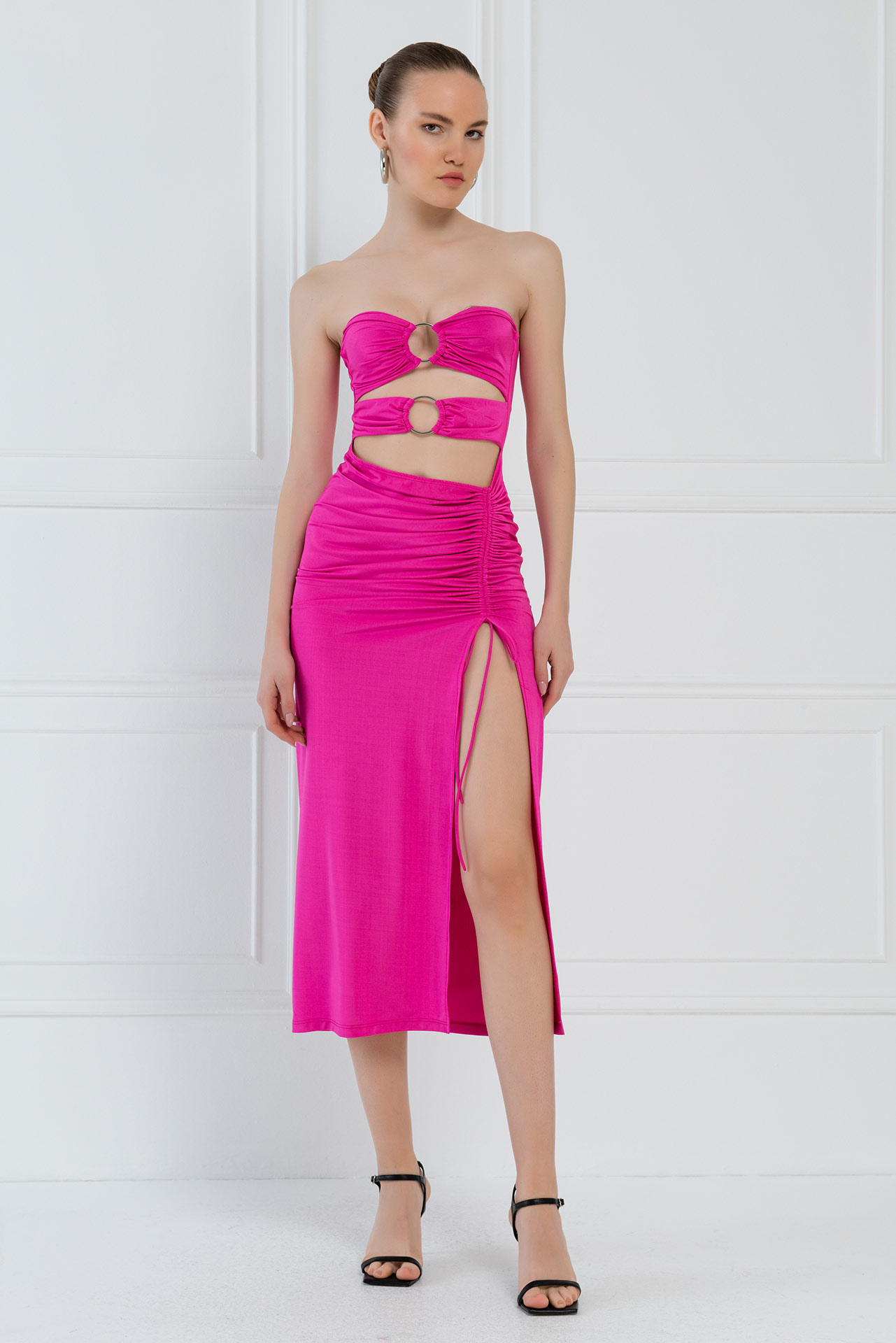 New Fuschia O-Ring Ruched Tube Dress