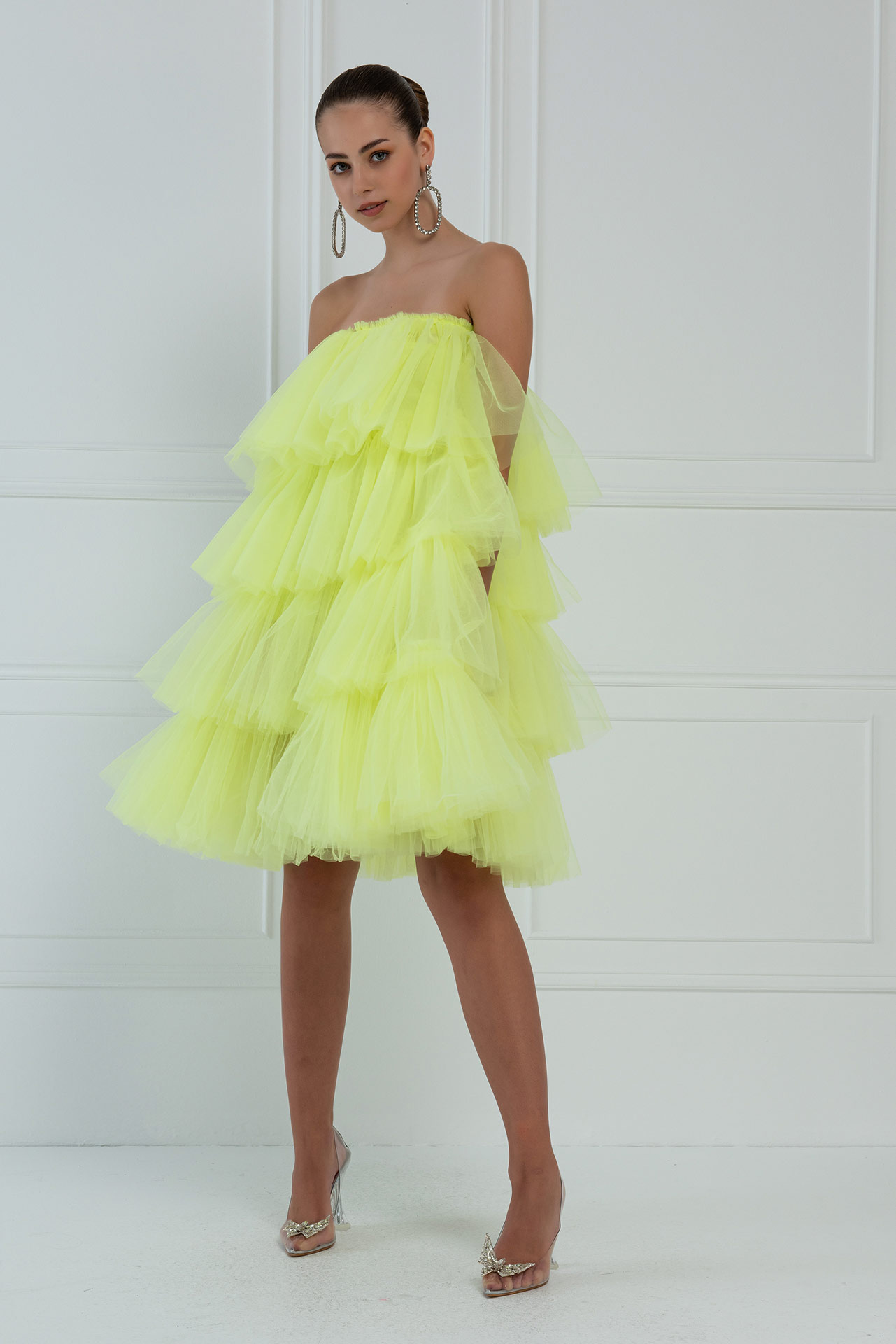 Toptan Neon Sarı Straplez  Tül Elbise
