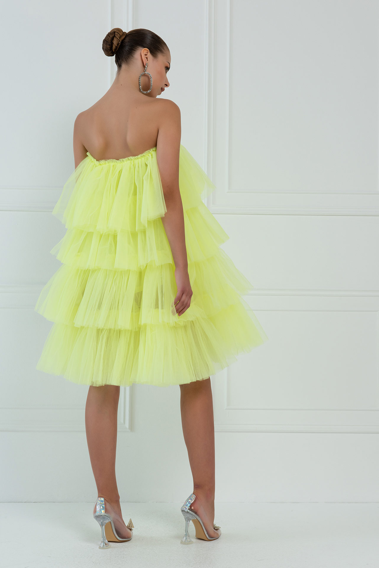 Neon Sarı Straplez  Tül Elbise