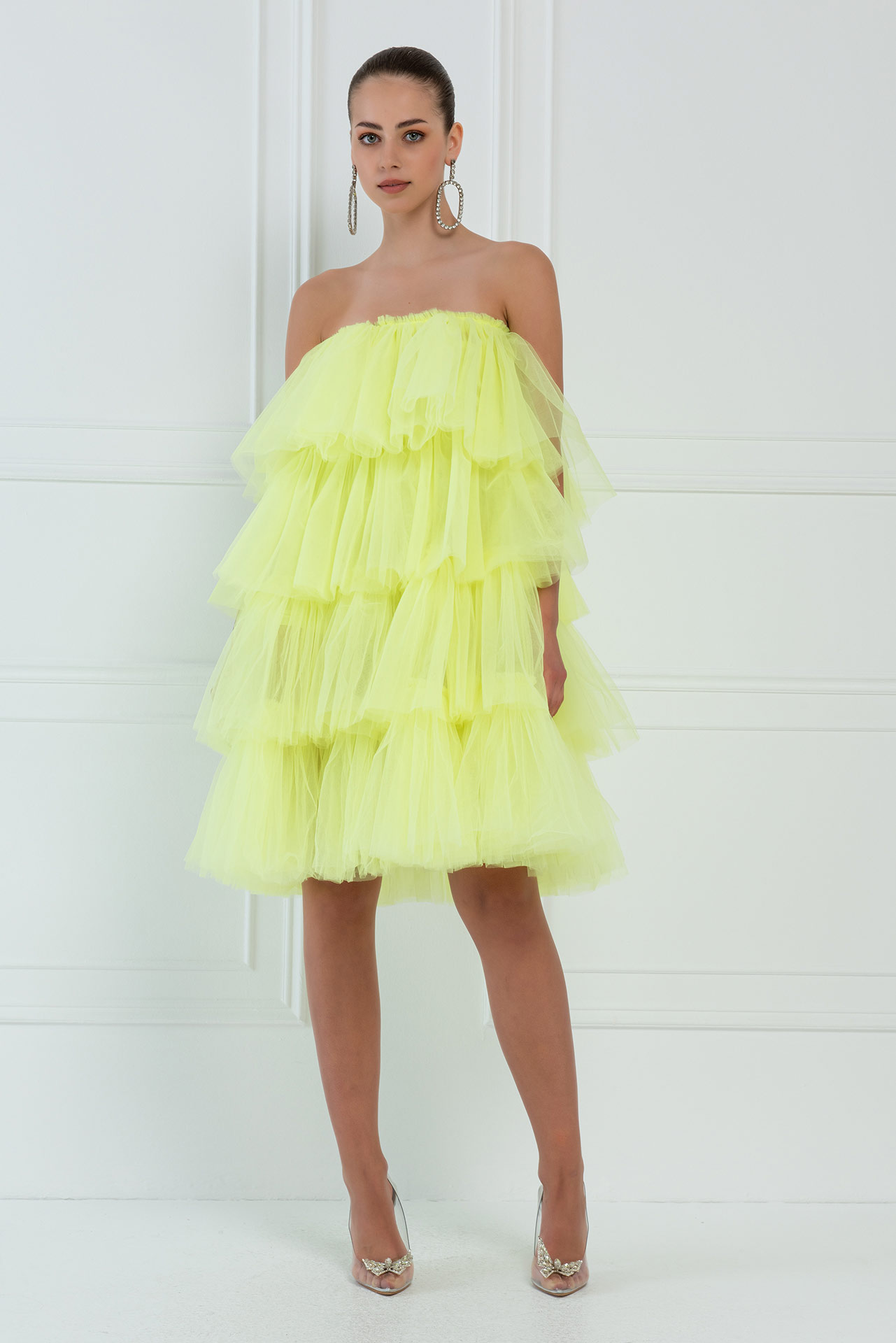 Wholesale Off The Shoulder Neon Yellow Tulle Dress