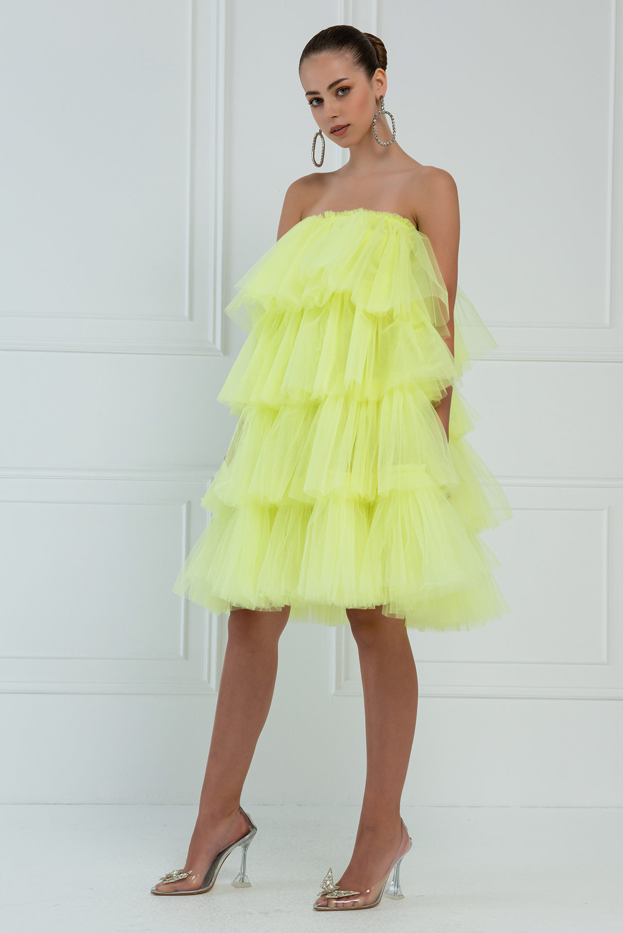 Off The Shoulder Neon Yellow Tulle Dress