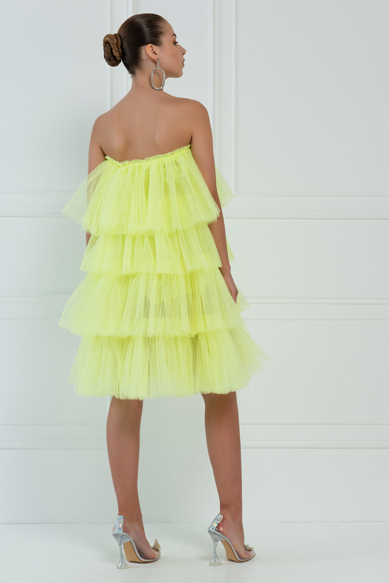 Toptan Neon Sarı Straplez  Tül Elbise