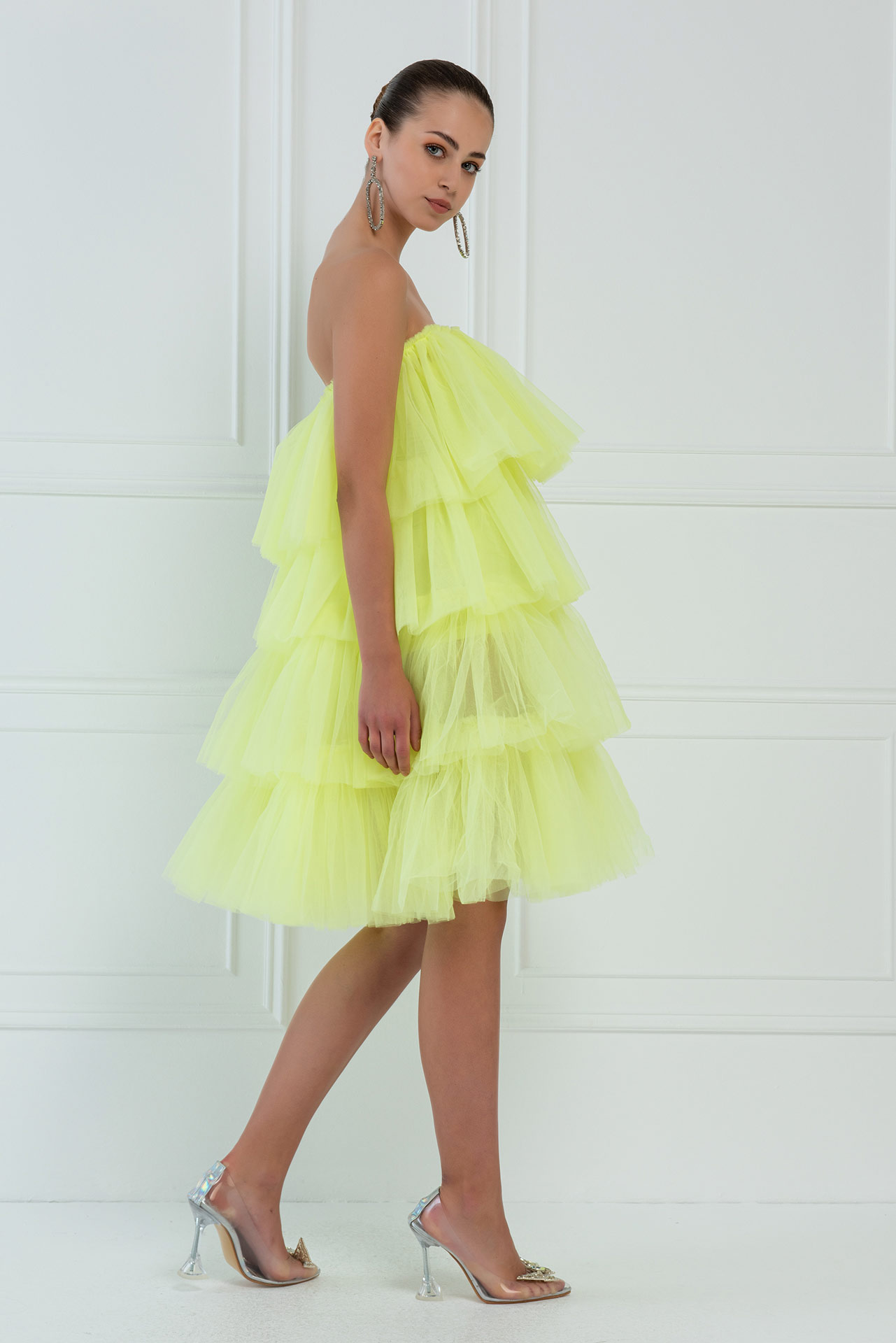 Wholesale Off The Shoulder Neon Yellow Tulle Dress