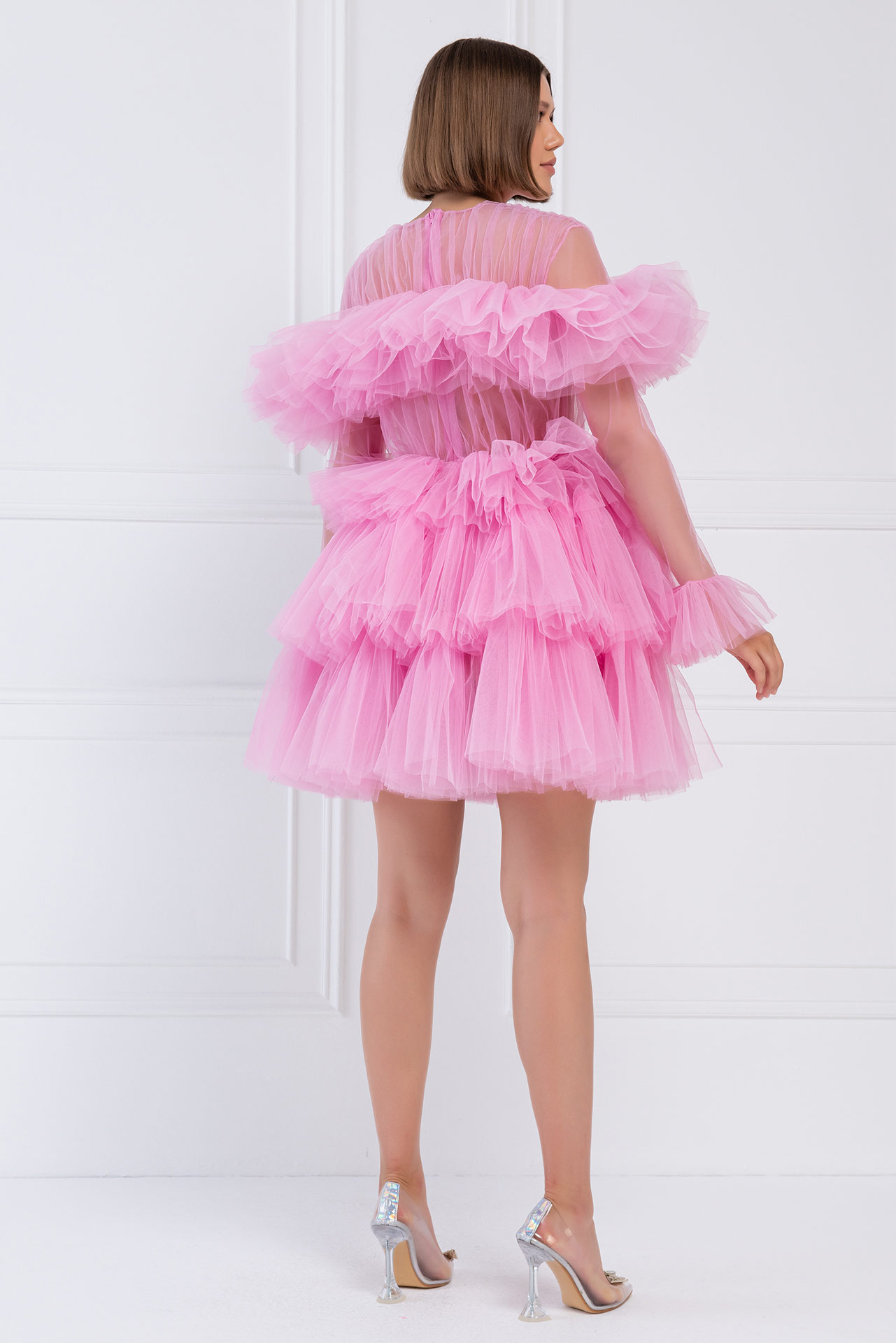 Ruffle Tulle New Pink Crew Neck Mini Dress