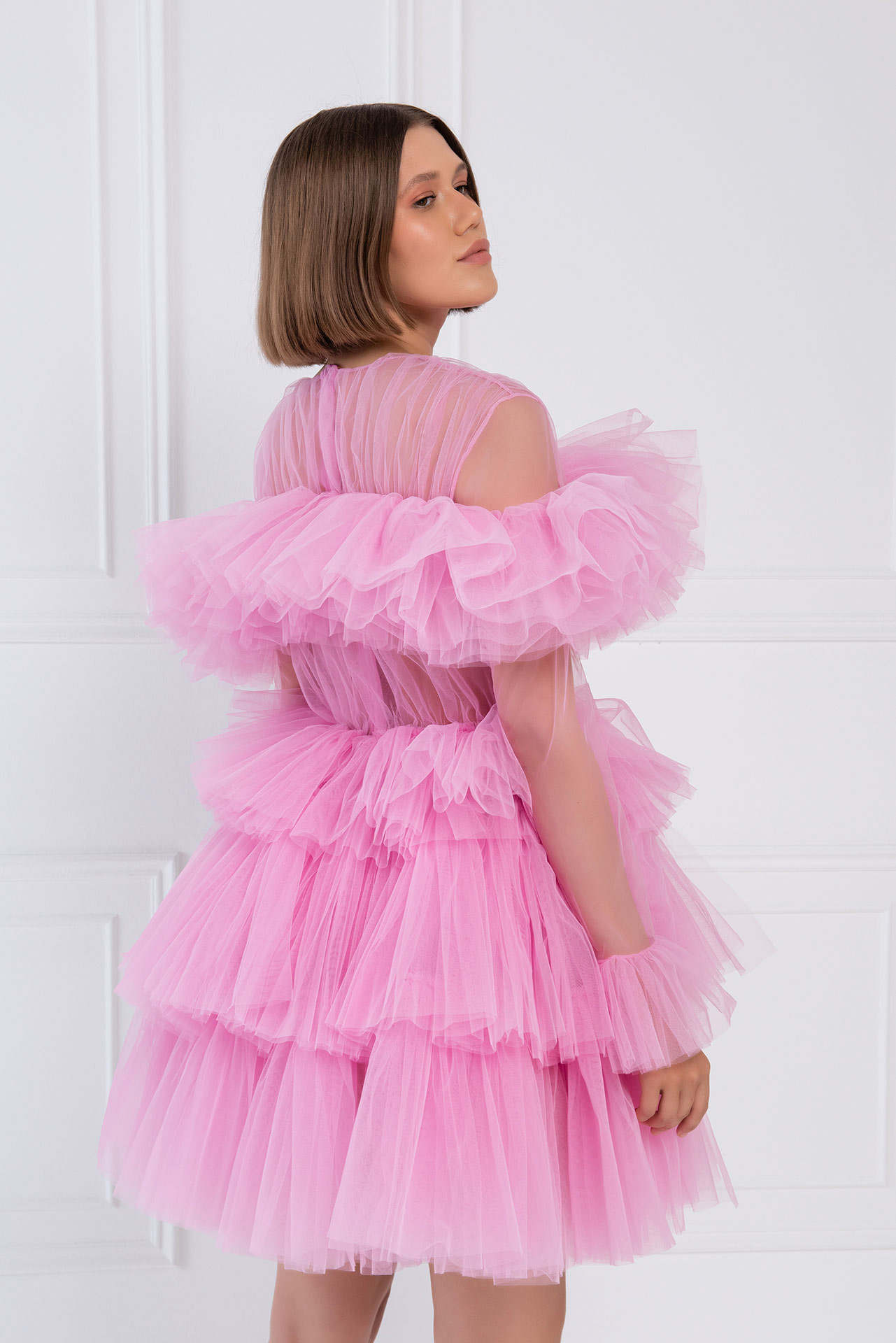 Ruffle Tulle New Pink Crew Neck Mini Dress