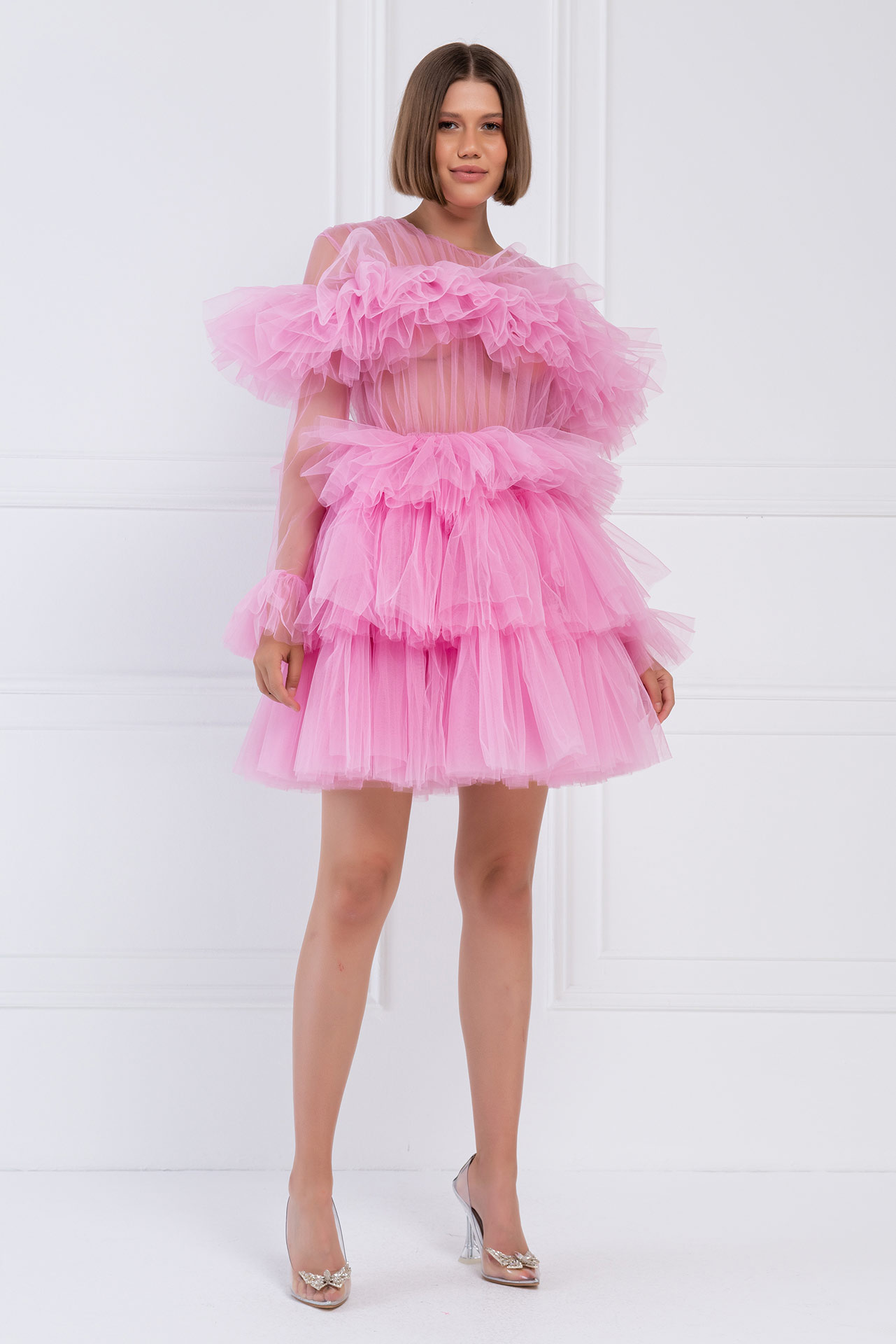 Wholesale Ruffle Tulle New Pink Crew Neck Mini Dress